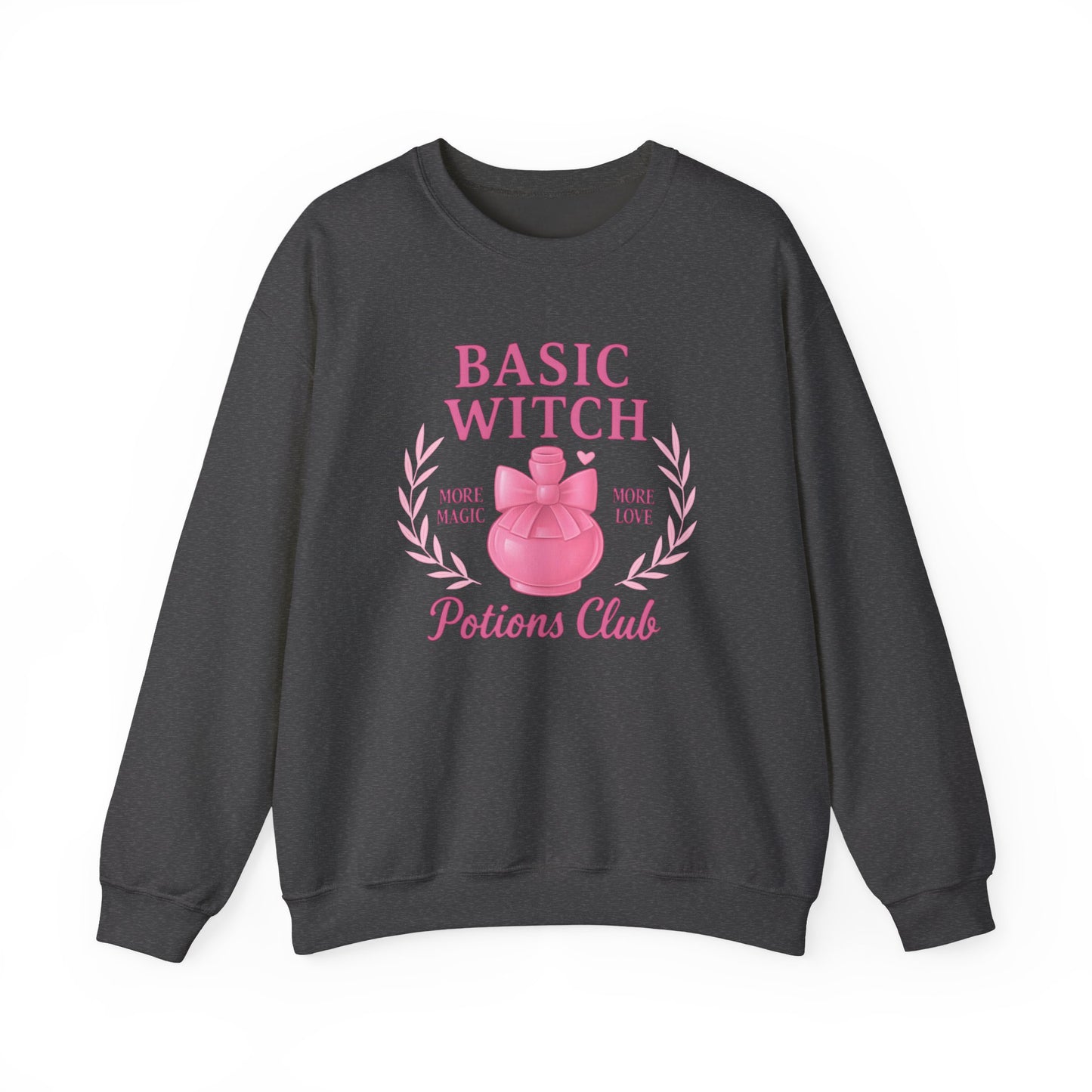 Basic Witch Potions Club Sweatshirt, This witchy sweatshirt exudes autumnal charm with its soft fabric that’s perfect for sweater weather, and features a whimsical potion bottle design reminiscent of a witches brew.
