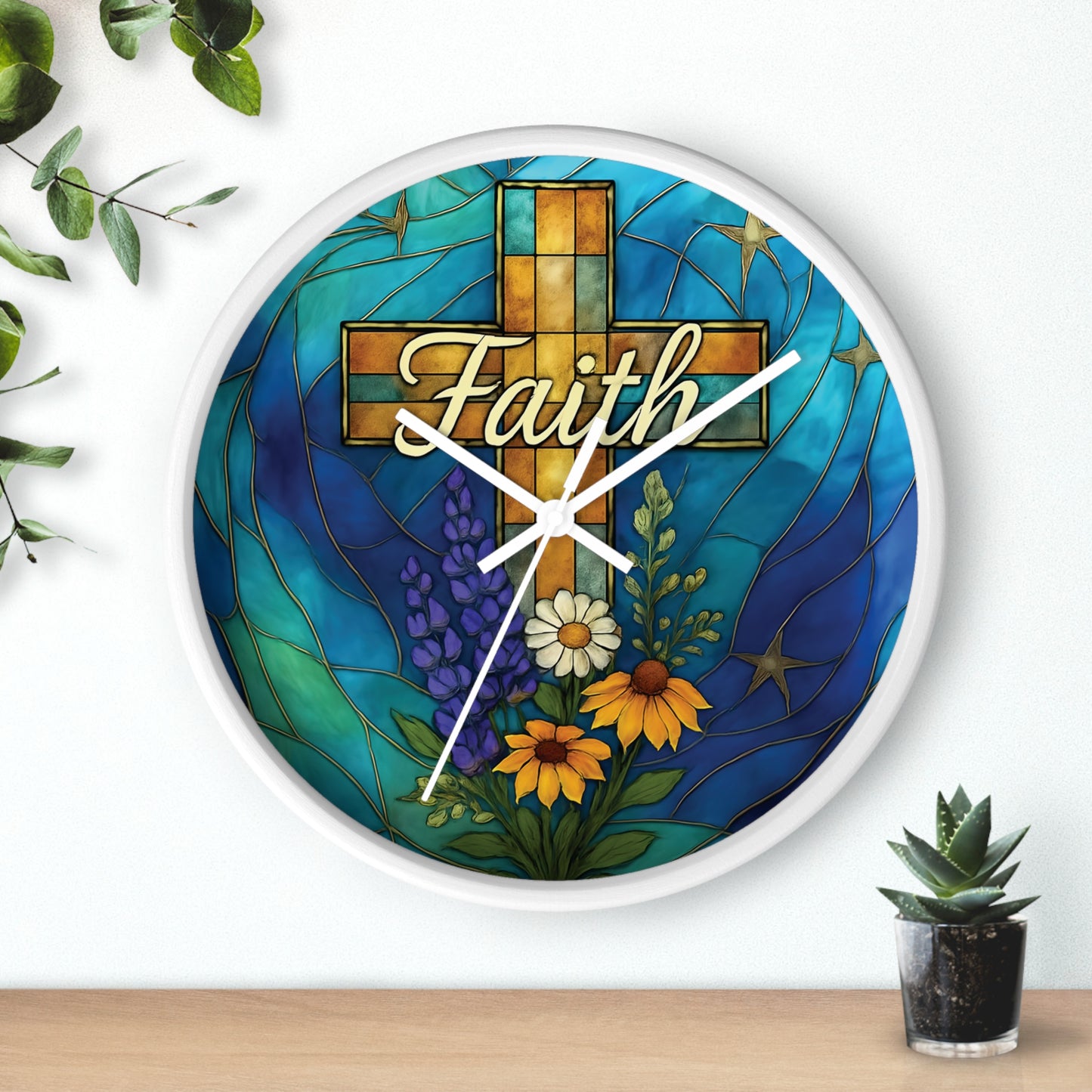 Christianity Faith Cross Stained Glass Effect Wall Clock, Perfect as a Christian clock or as thoughtful Christianity gifts.