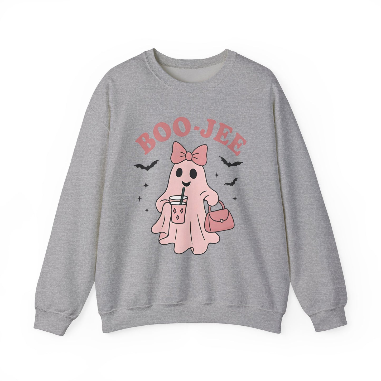 Boo-Jee Ghost Sweatshirt This playful garment, affectionately known as the boojee sweater, showcases charming ghosties adorned with a delightful pink bow.