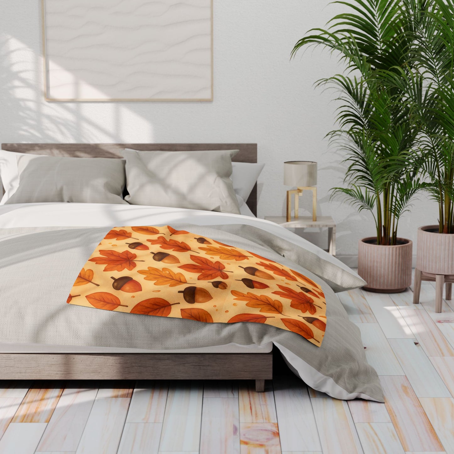 Autumnal Leaf Blanket Throw, This soft cozy blanket, adorned with intricate oak leaf acorn patterns, seamlessly captures the essence of the autumn eason
