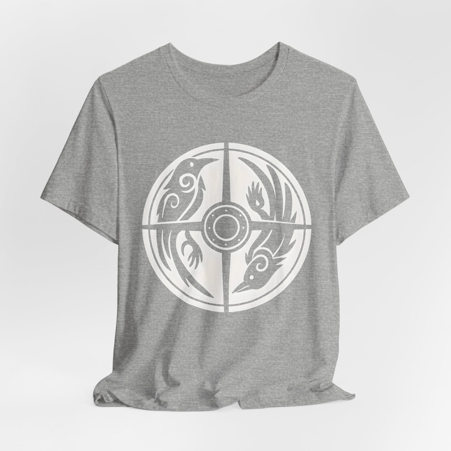 Norse Raven Shield T-shirt, Embrace the spirit of ancient warriors, an essential piece for any lover of Viking apparel.