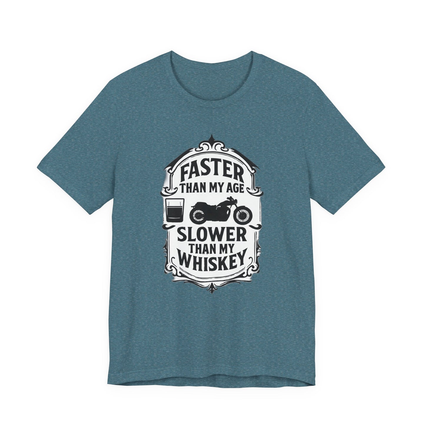 Faster Than My Age Slower Than My Whiskey T-shirt, This vintage-inspired motorbike tee is a salute to the open road, perfect as both biker apparel and a distinctive biker gift