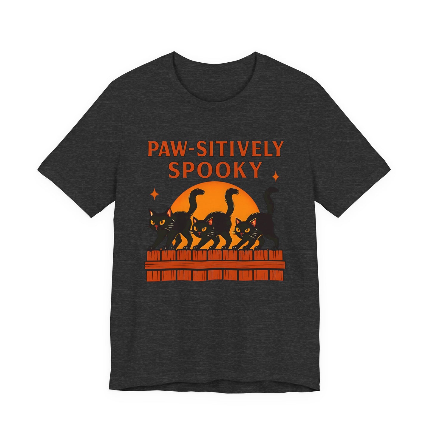 Paw-sitively Spooky Cat Tshirt, Whether you're a devoted cat dad or gifting it to a feline-loving friend, this cute Halloween cat apparel spreads pawsitive vibes with its blend of spooky black cats and cheeky charm.