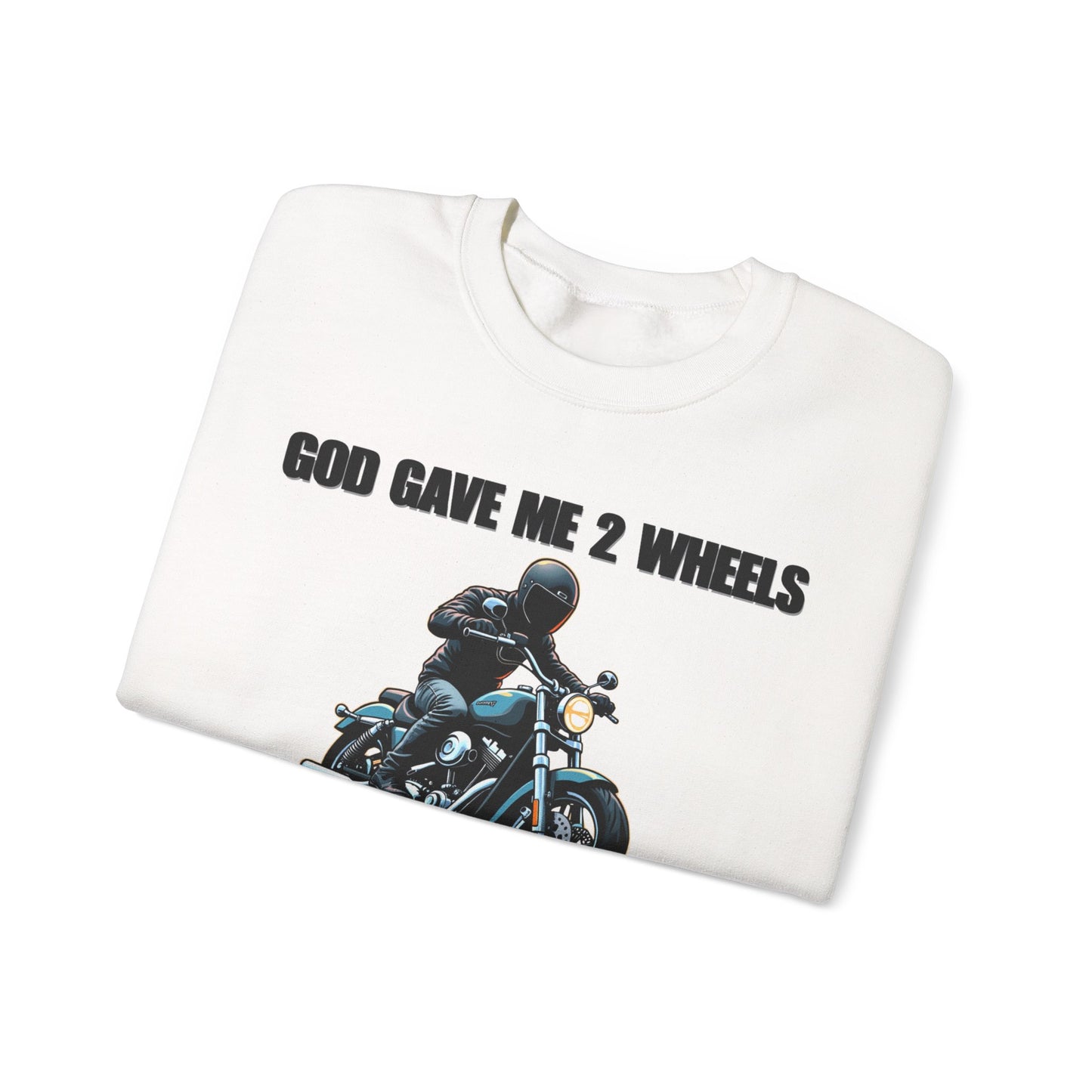 God Gave Me 2 Wheels Sweatshirt, The light-hearted motorcycling-themed graphic adds a fun twist, making it the perfect companion for casual outings or bike rides.