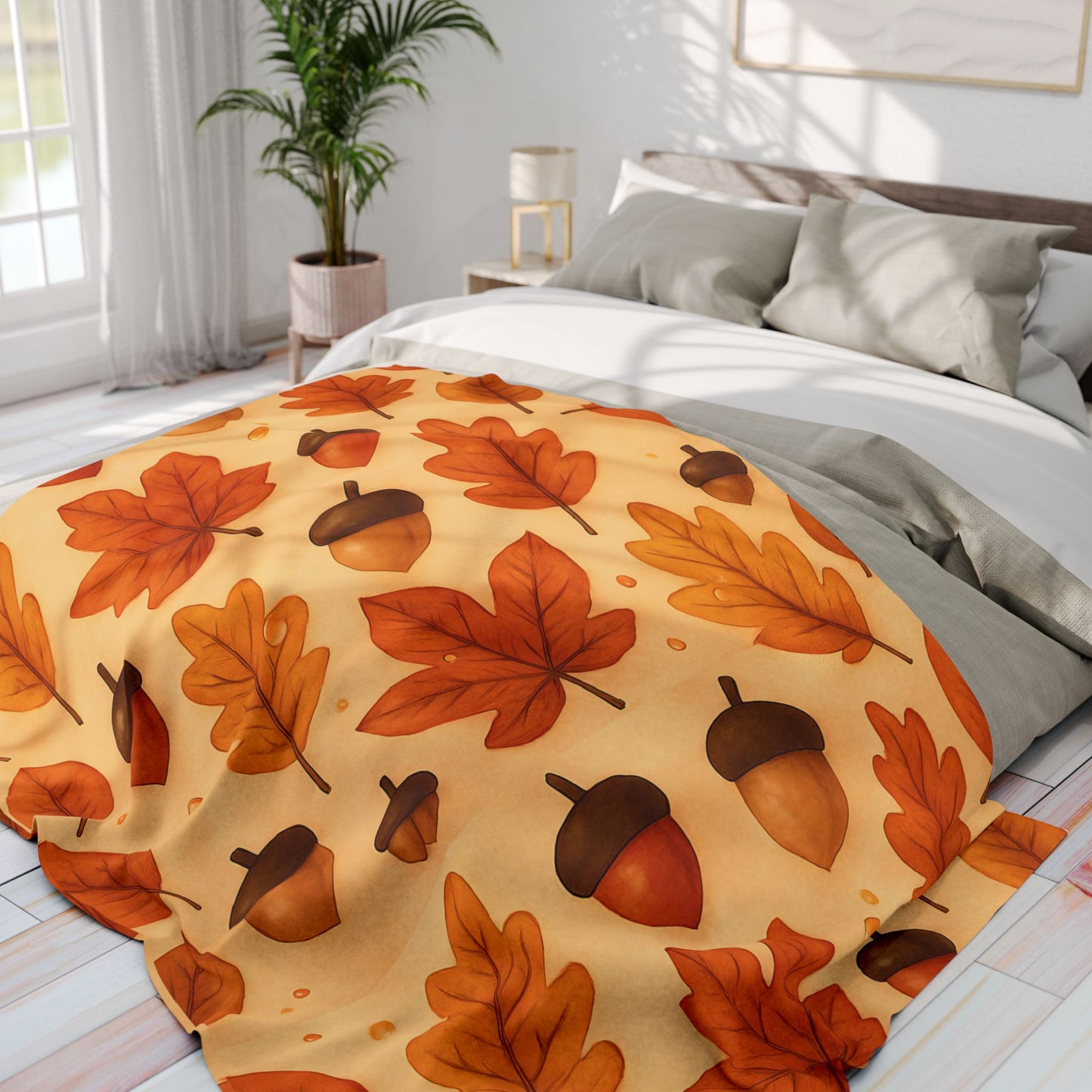 Autumnal Leaf Blanket Throw, This soft cozy blanket, adorned with intricate oak leaf acorn patterns, seamlessly captures the essence of the autumn eason