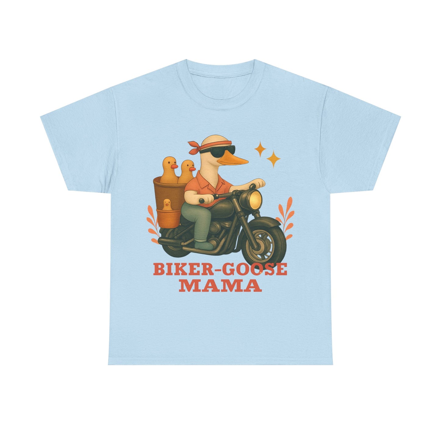 Silly Goose Biker Tee, a fun and quirky tee for those who love motorcycles and geese, silly goose fan club.