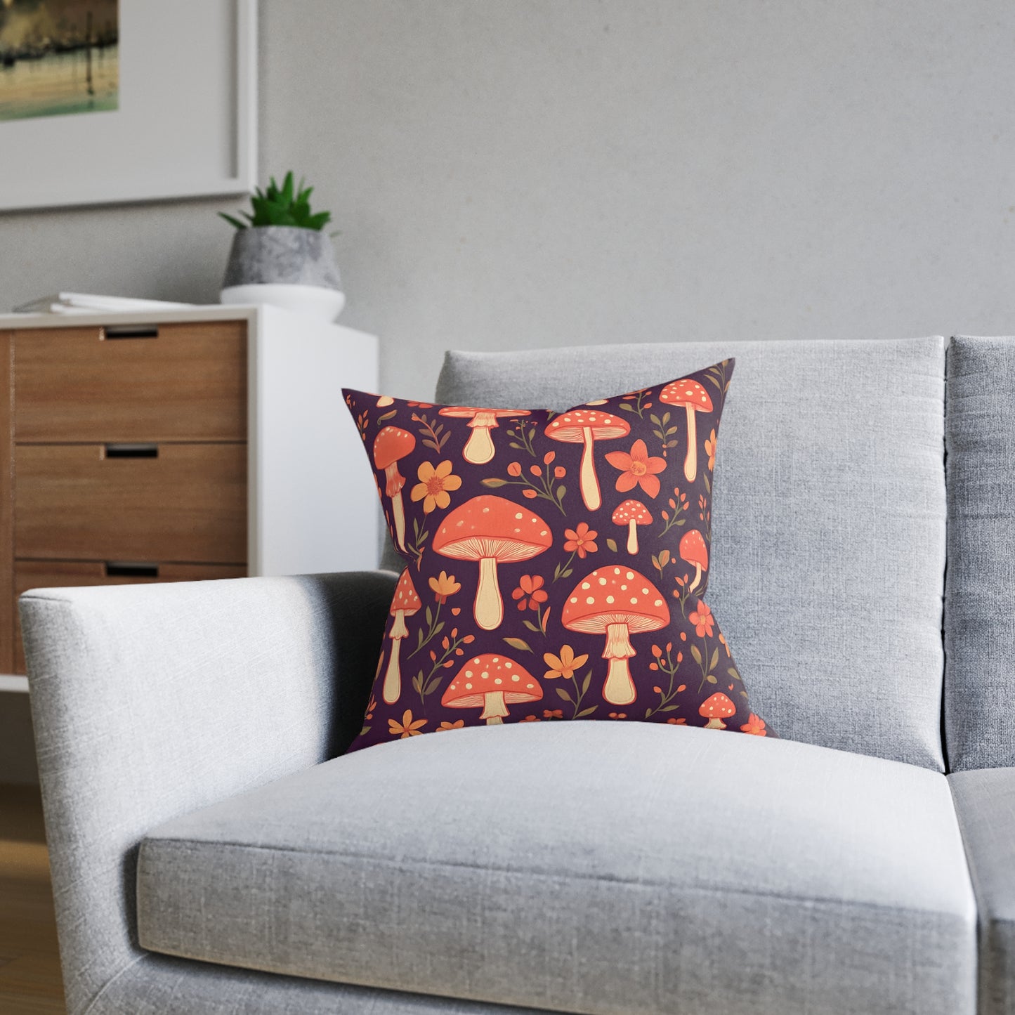 Mushroom Pillow, Perfect as a throw pillow cushion, it transforms any space with its soft plum hue and charming shroom motif, inviting warmth and comfort into your home.