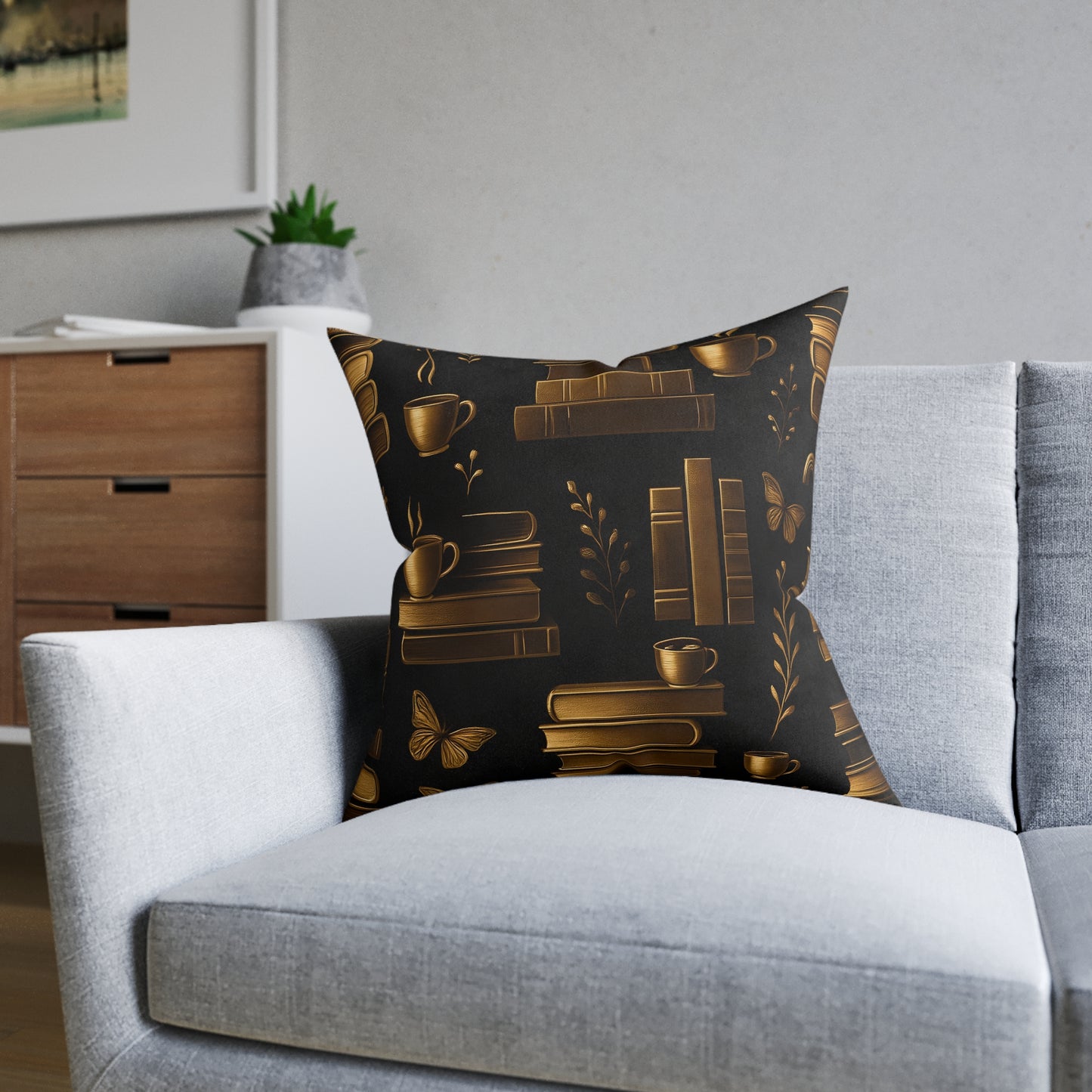 Books and Coffee Cushion, Perfect for cozy corners or grand libraries, this pillow is not just decor—it's a celebration of your passion for books and the comforting ritual of a quiet coffee moment.