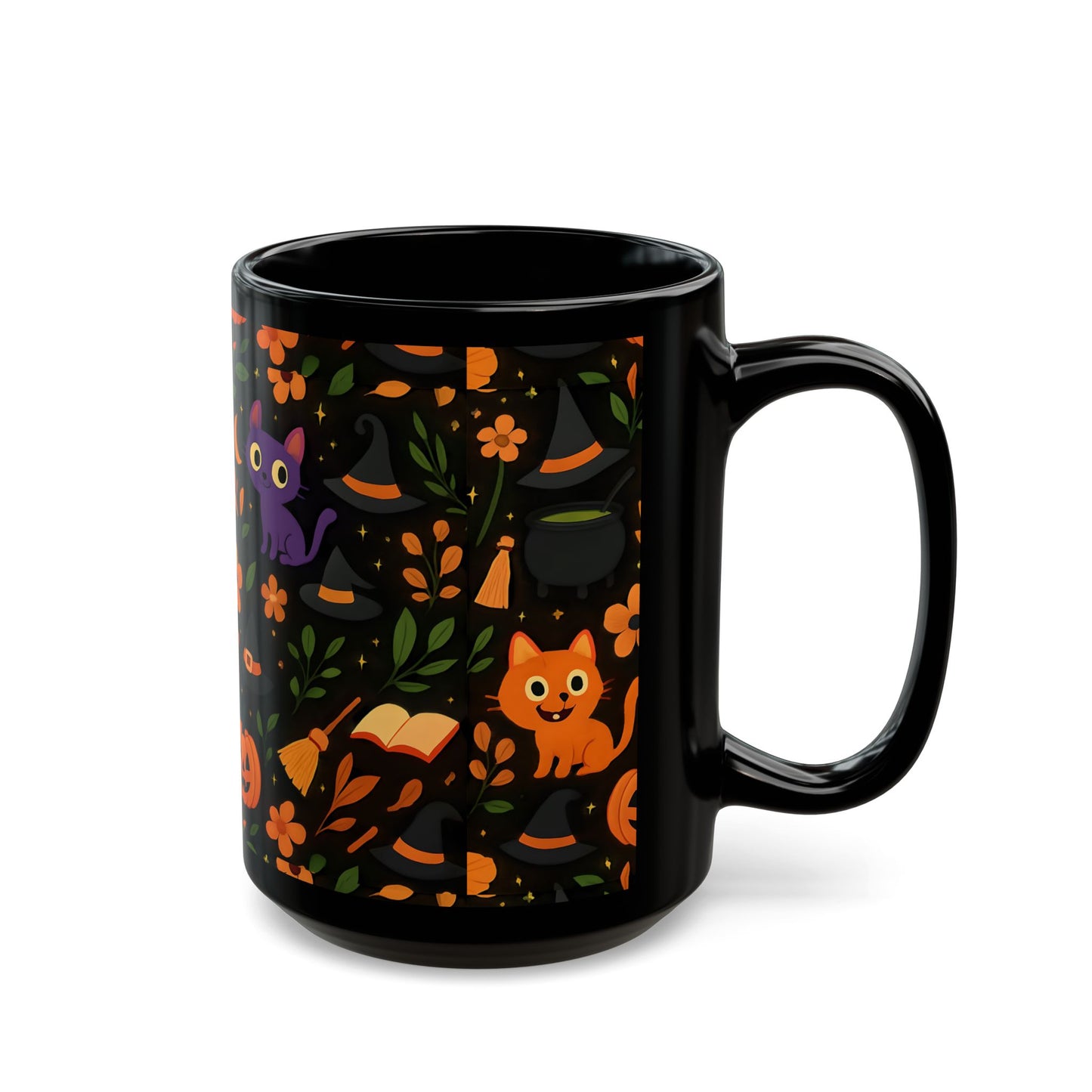Colourful cat Halloween mug,featuring a cheeky cat with all things Halloween, making it the perfect spooky mug for both hot chocolates and enchanting brews.