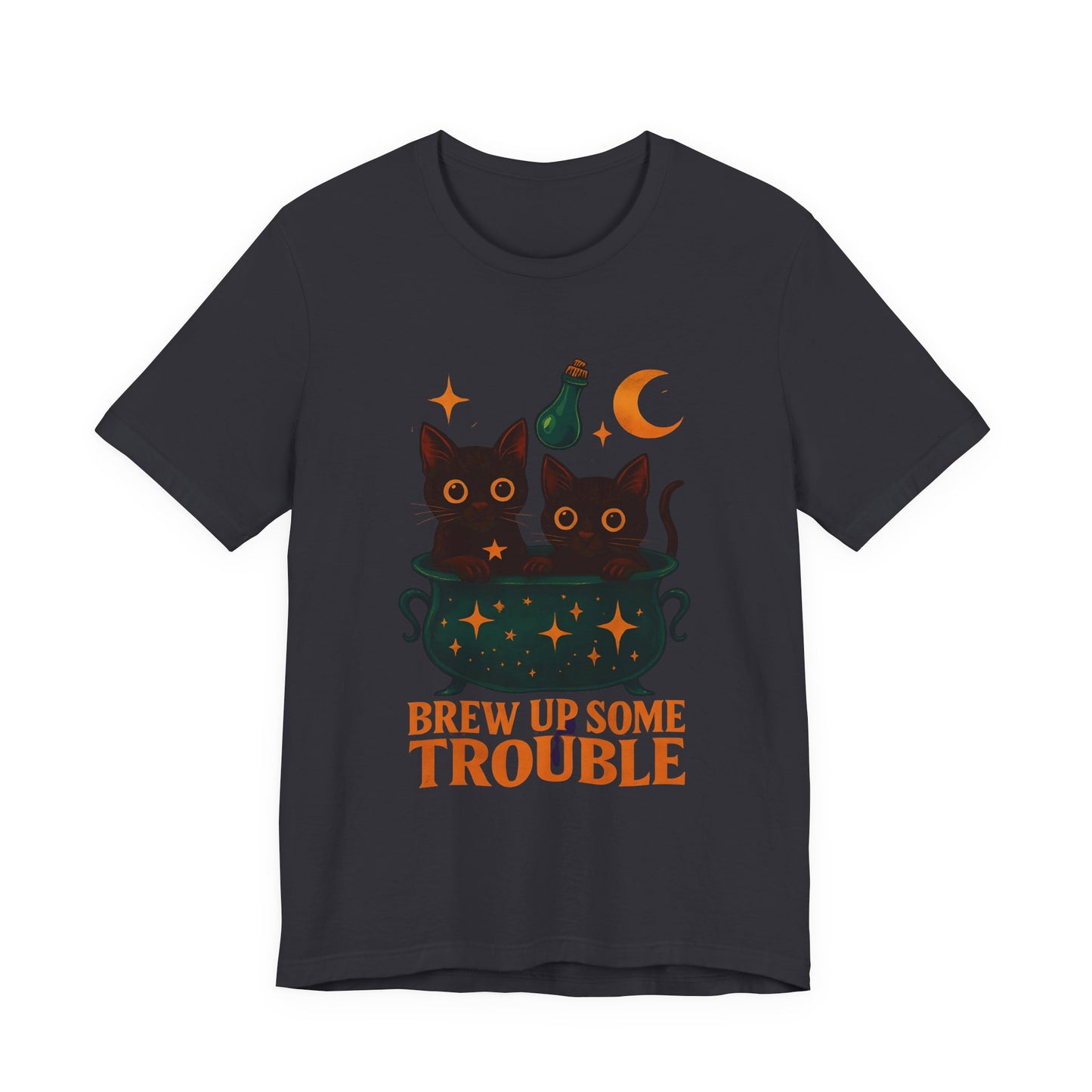 Brew Up Some Trouble Cat Witchy T-shirt, The seamless blend of mystical charm and humor makes this shirt a must-have for any lover of cute Halloween cat apparel.