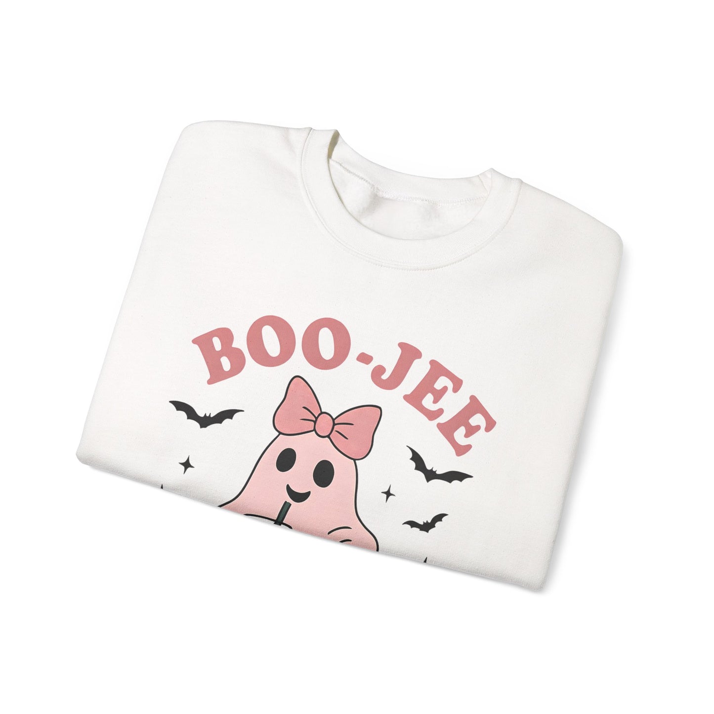 Boo-Jee Ghost Sweatshirt This playful garment, affectionately known as the boojee sweater, showcases charming ghosties adorned with a delightful pink bow.
