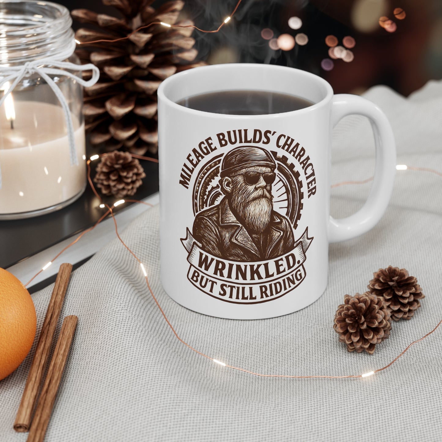 Mileage Builds Character Mug, Whether you're gifting it to a fellow rider or indulging in a biker coffee mug for yourself, it's more than just a drink; it's a tribute to the timeless adventure that says, "you're never too old."
