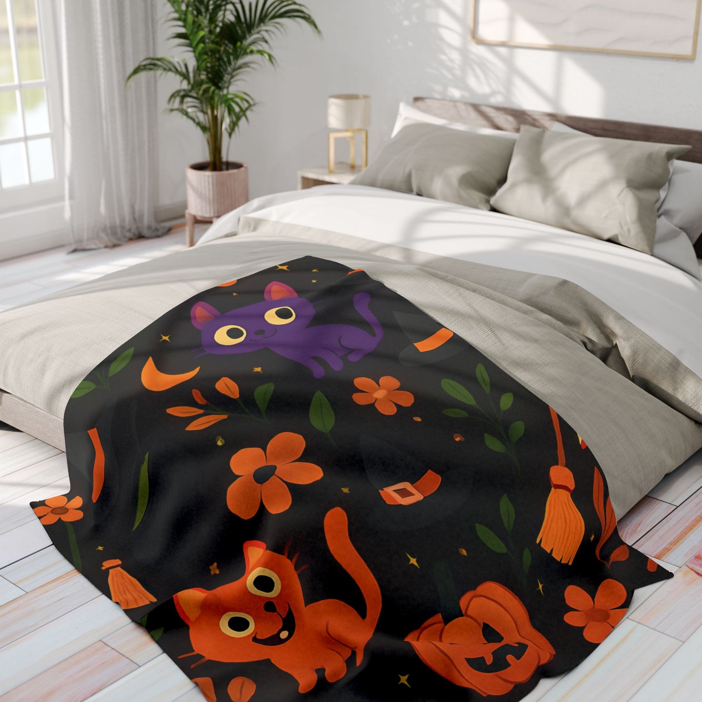 Halloween Blanket, The witchy blanket brings a touch of whimsy and warmth to any space, making it ideal as a spooky blanket or for witchy room decor.