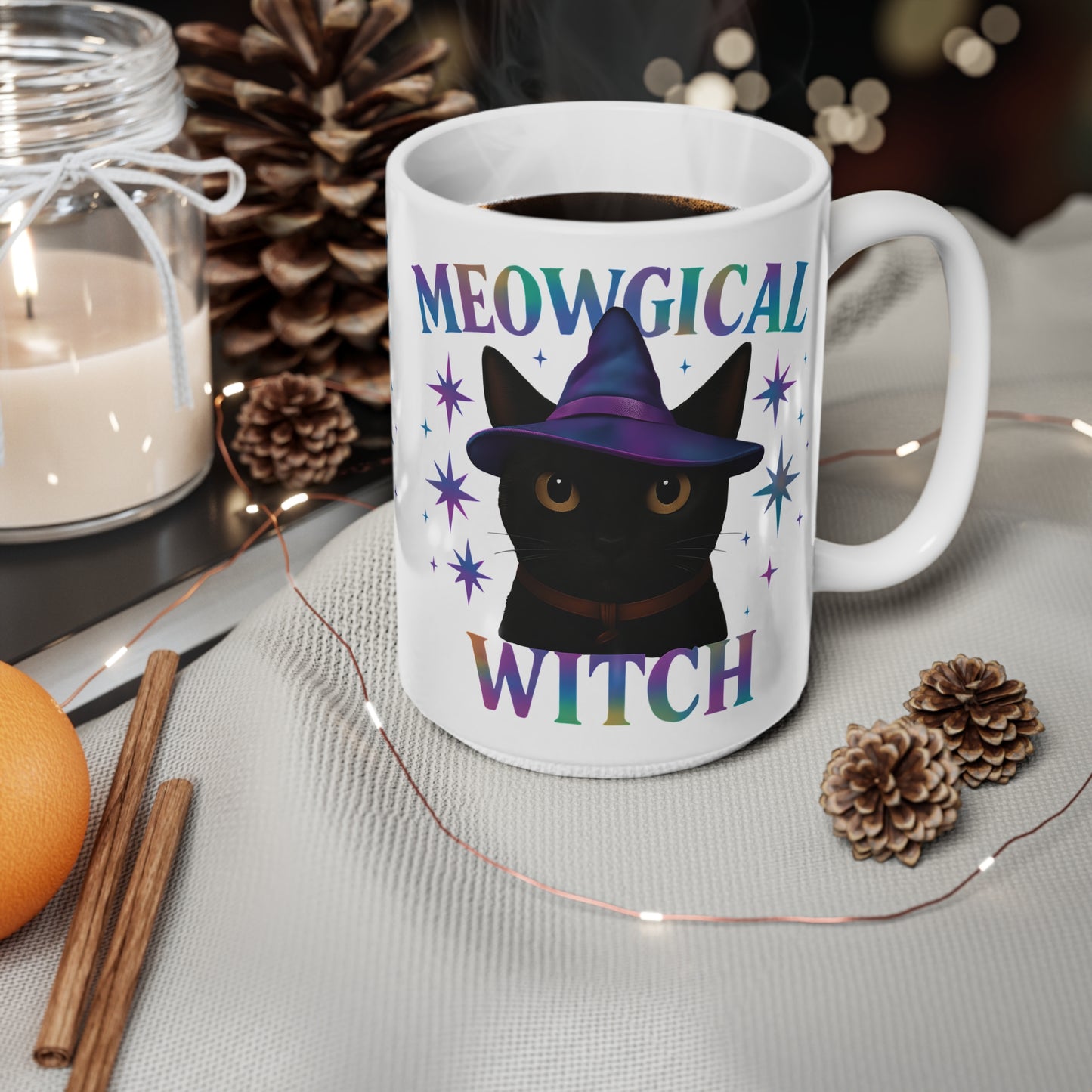 Meowgic Witch Cat Mug, This enchanting black cat mug casts a spell of delight with its whimsical design, complete with a meowgical cat adorned in witch hat.