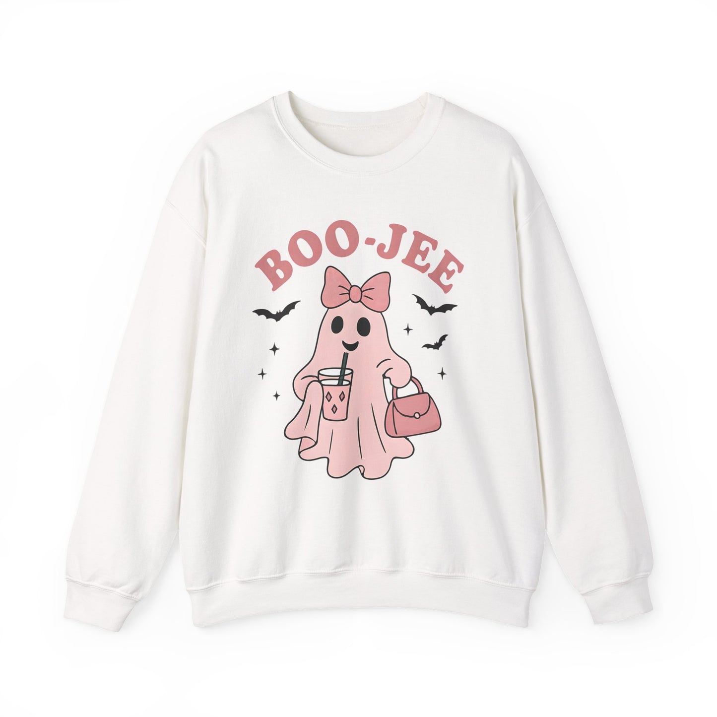 Boo-Jee Ghost Sweatshirt This playful garment, affectionately known as the boojee sweater, showcases charming ghosties adorned with a delightful pink bow.