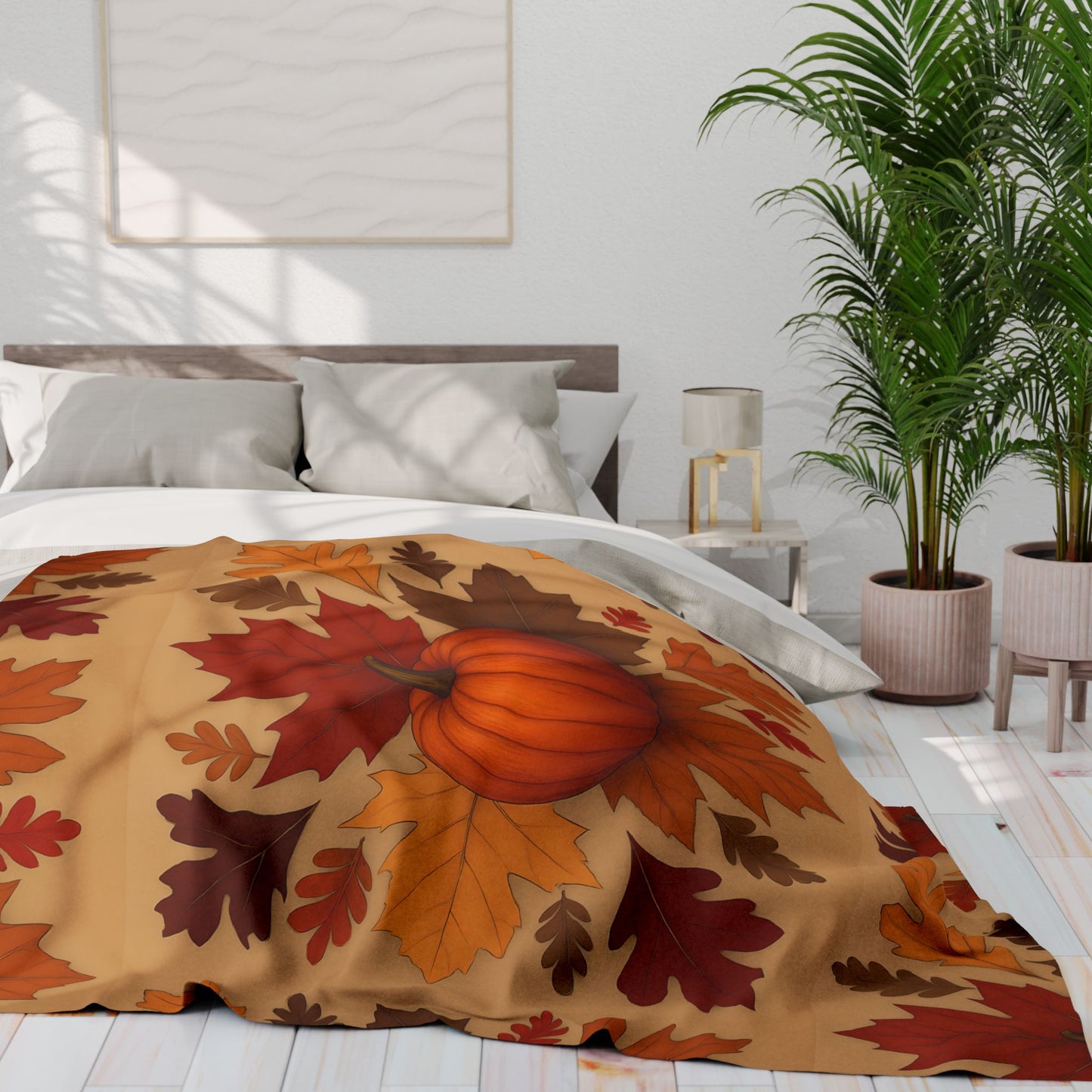 Autumn Leaves and Pumpkin Blanket, this comfy blanket is an autumn symphony for your senses. Perfect as a snuggle blanket for chilly nights or an elegant addition to your autumn decorations.