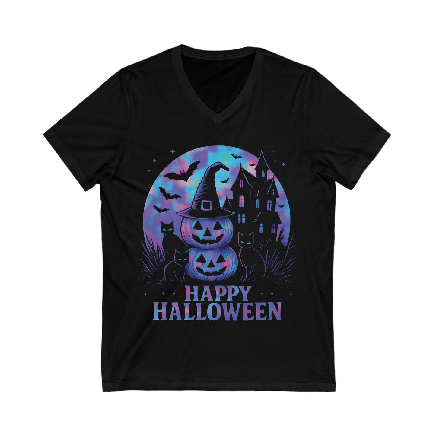 Happy Halloween Holographic V-Neck T-Shirt,the perfect choice for any Halloween celebration.