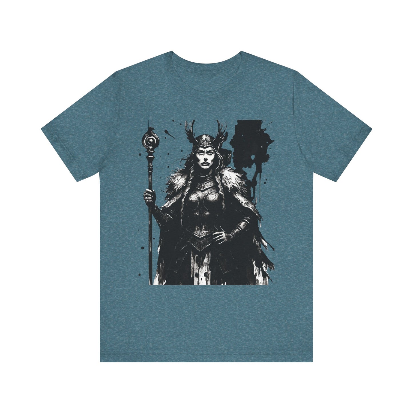 Frigg Norse Goddess T-shirt, captures the essence of Frigg, the revered Norse goddess, renowned in Nordic mythology as the embodiment of foresight and wisdom.