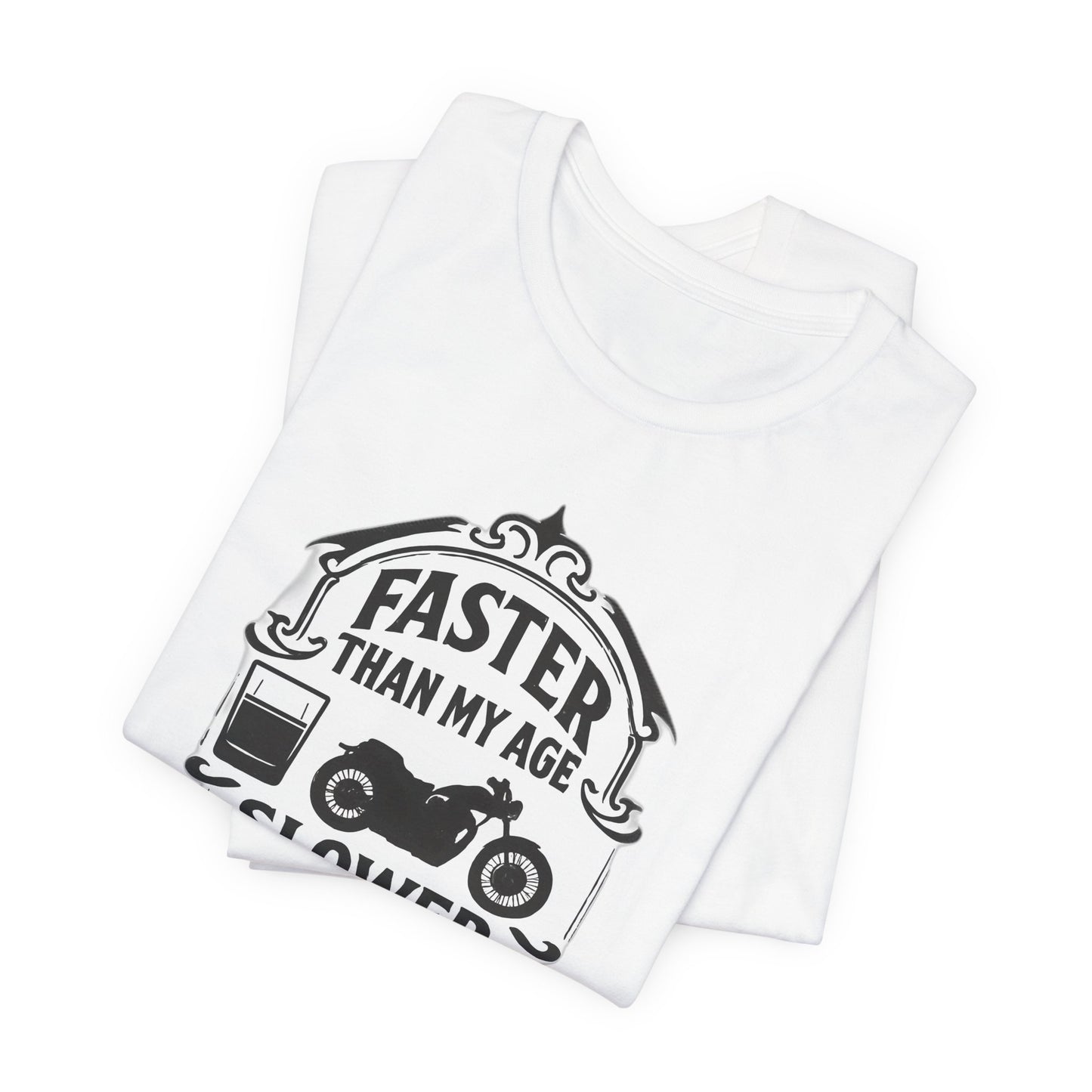 Faster Than My Age Slower Than My Whiskey T-shirt, This vintage-inspired motorbike tee is a salute to the open road, perfect as both biker apparel and a distinctive biker gift