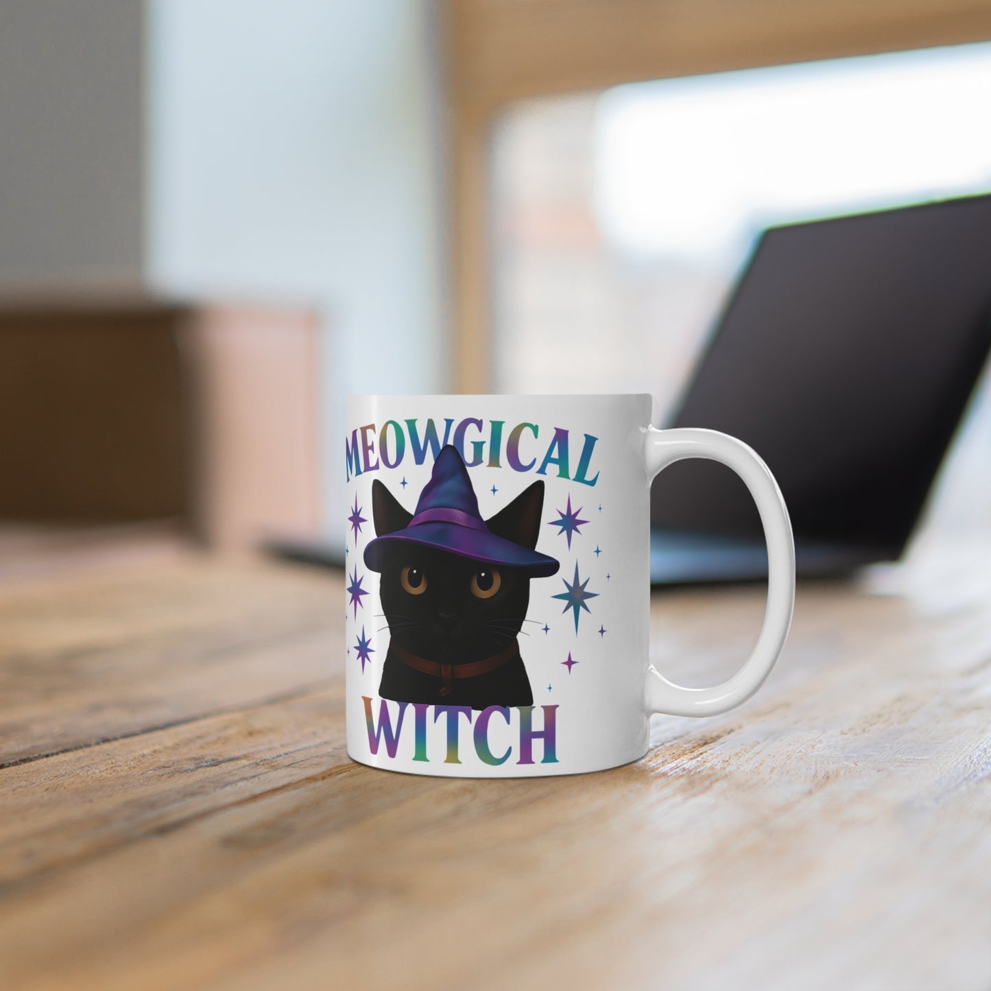 Meowgic Witch Cat Mug, This enchanting black cat mug casts a spell of delight with its whimsical design, complete with a meowgical cat adorned in witch hat.