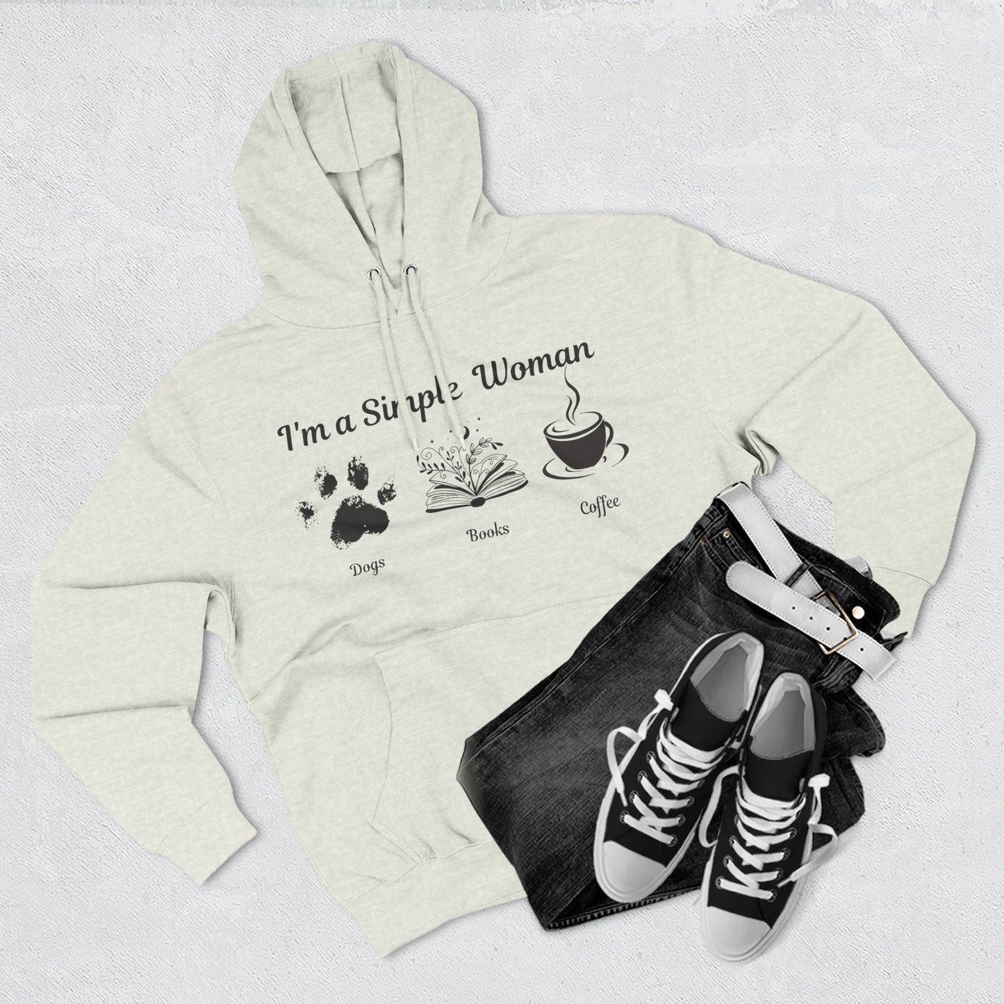 Simple Women Dog Book Coffee Lover Three-Panel Fleece Hoodie, perfect for dog, book & Coffee lovers who enjoy a relaxed and comfortable style.