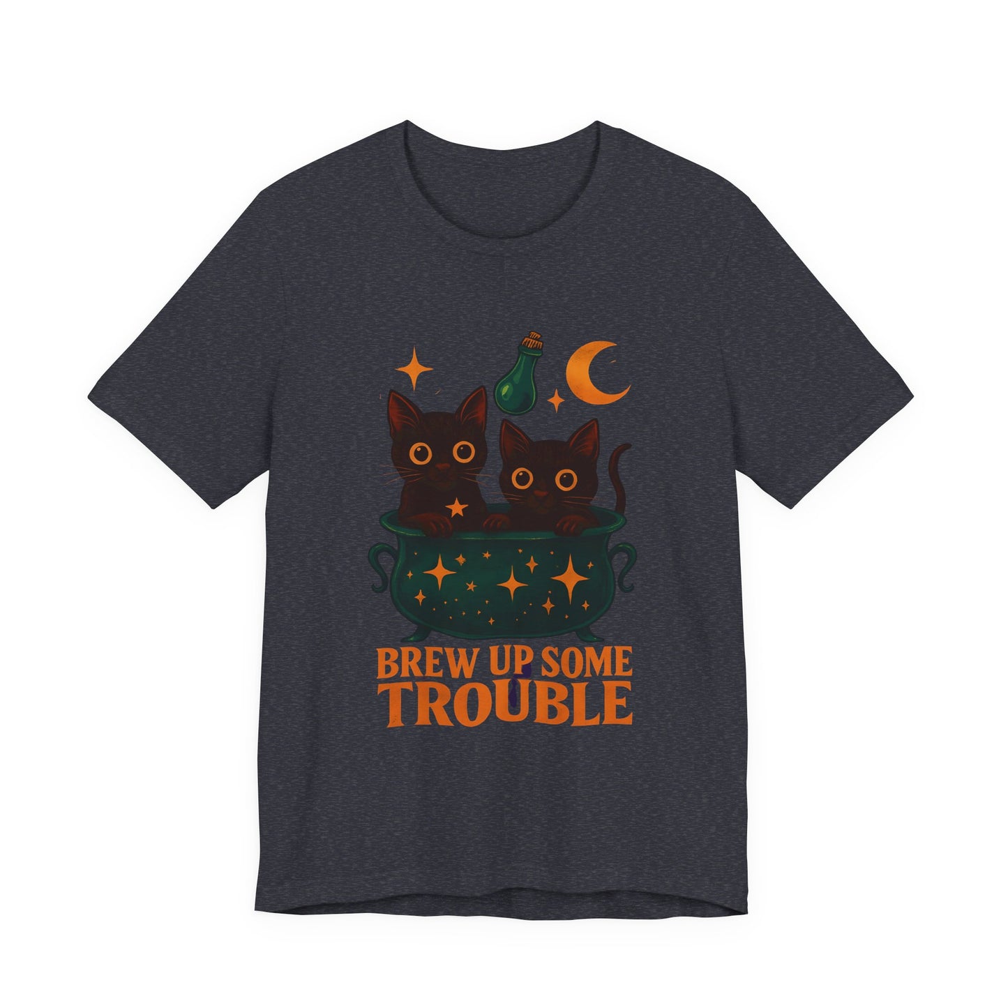 Brew Up Some Trouble Cat Witchy T-shirt, The seamless blend of mystical charm and humor makes this shirt a must-have for any lover of cute Halloween cat apparel.