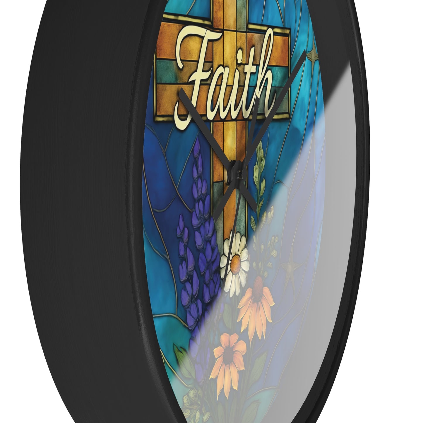 Christianity Faith Cross Stained Glass Effect Wall Clock, Perfect as a Christian clock or as thoughtful Christianity gifts.
