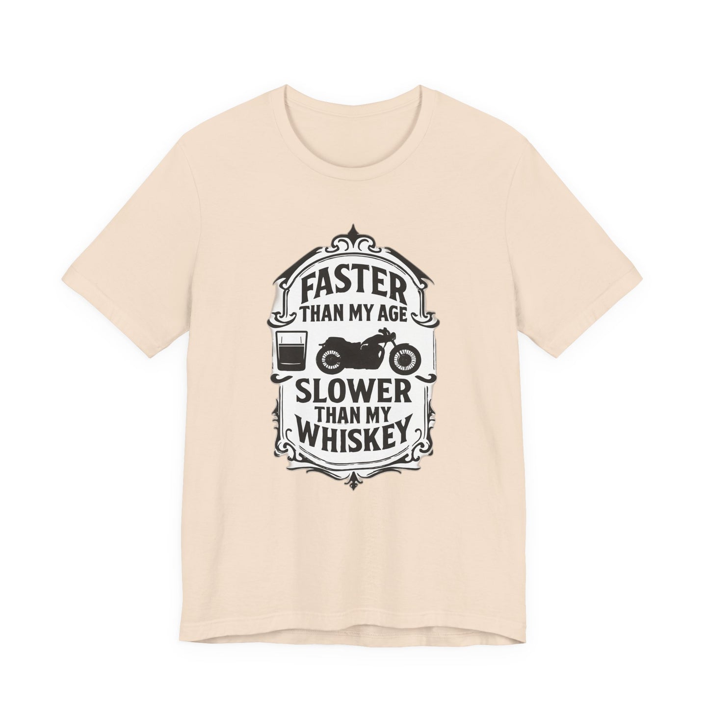 Faster Than My Age Slower Than My Whiskey T-shirt, This vintage-inspired motorbike tee is a salute to the open road, perfect as both biker apparel and a distinctive biker gift