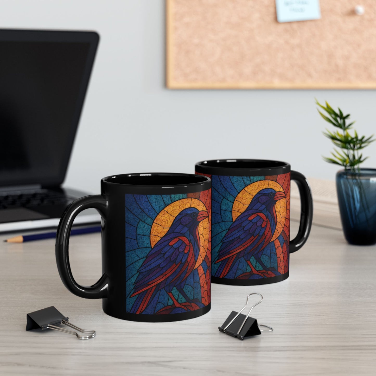 Raven Stained-Glass Effect Mug, This raven mug isn't just a drinkware item; it's an exquisite raven gift for those who cherish the mystique of these storied creatures.