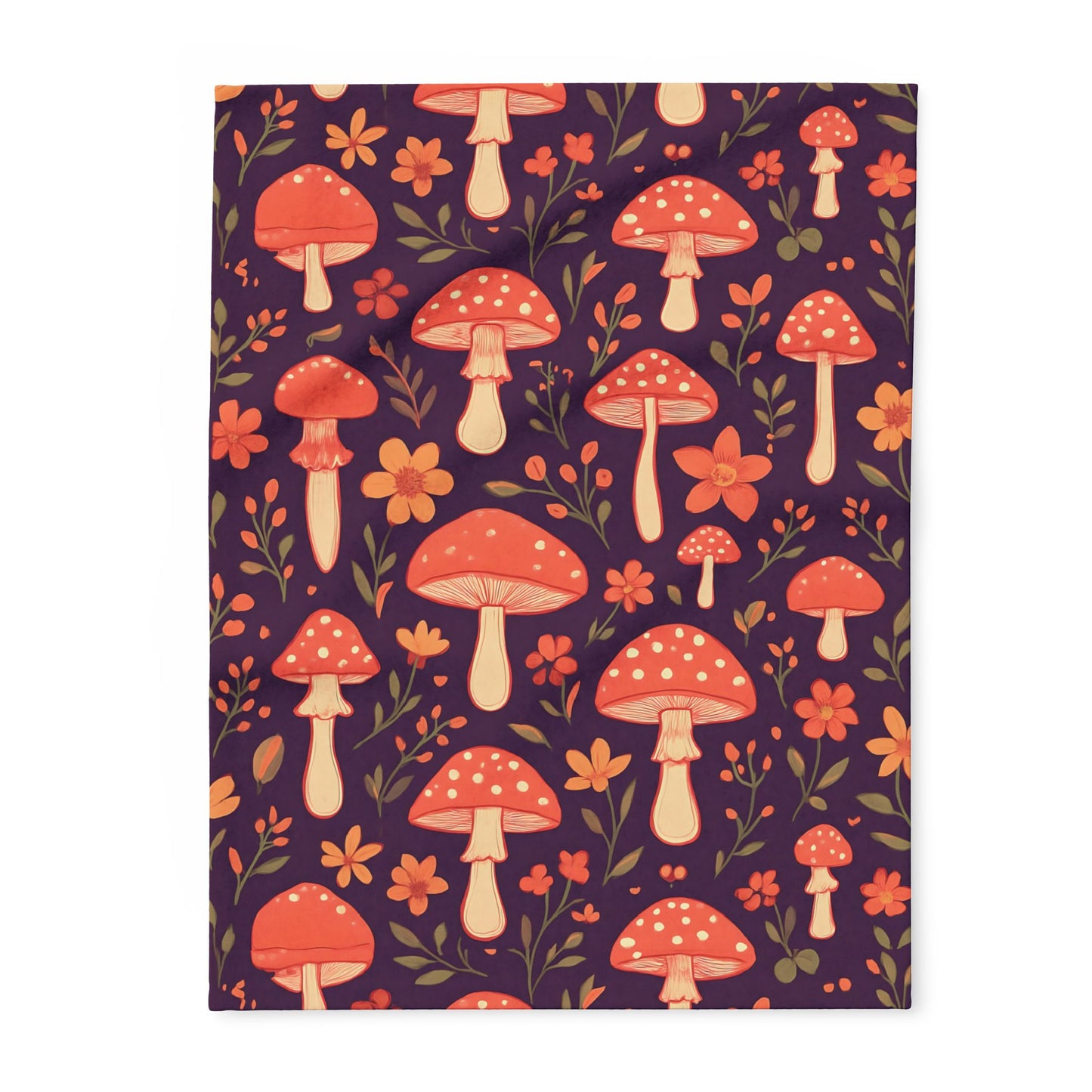 Cozy Mushroom Blanket, The enchanting mushroom pattern, set against a rich plum throw, turns any sofa into an autumnal paradise.