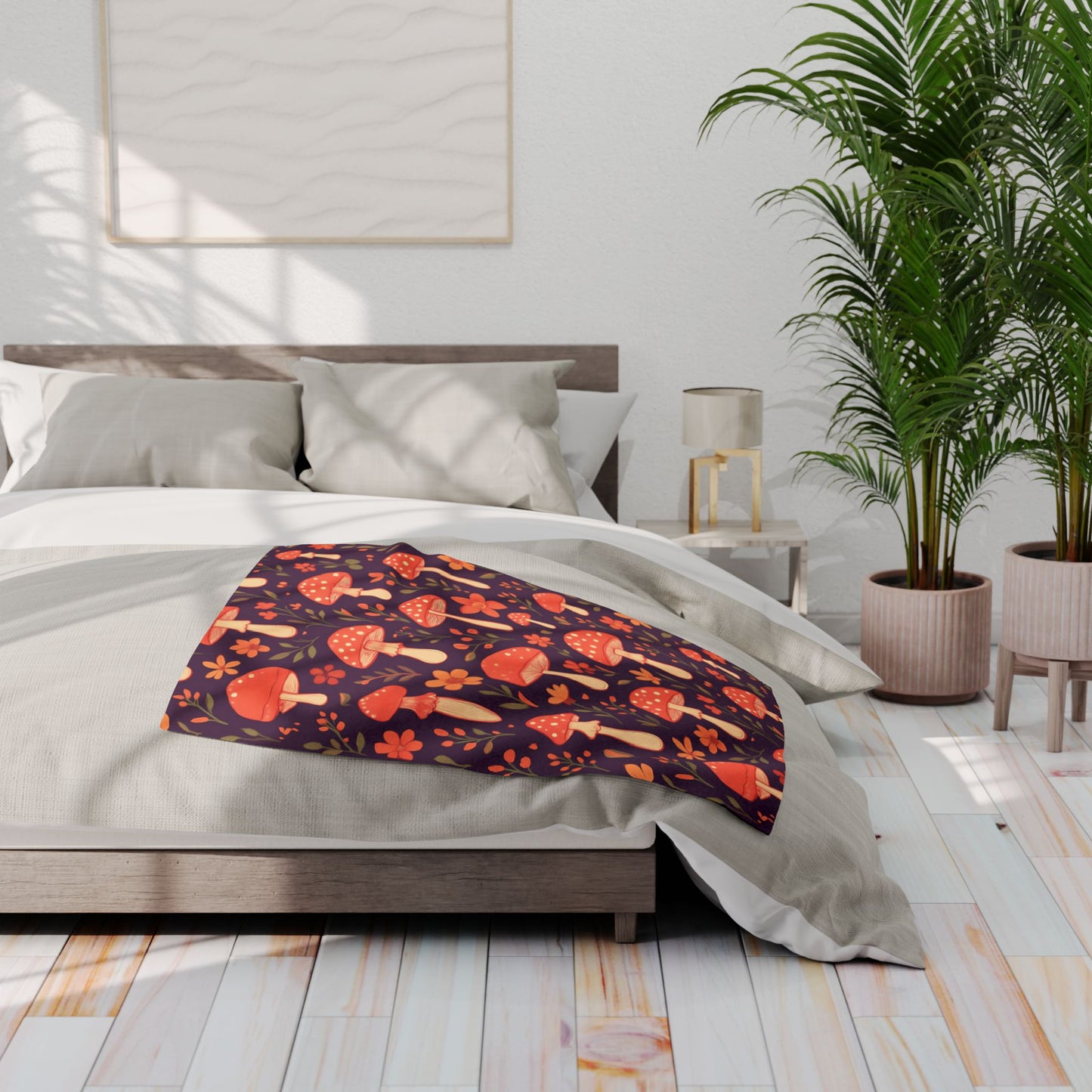 Cozy Mushroom Blanket, The enchanting mushroom pattern, set against a rich plum throw, turns any sofa into an autumnal paradise.