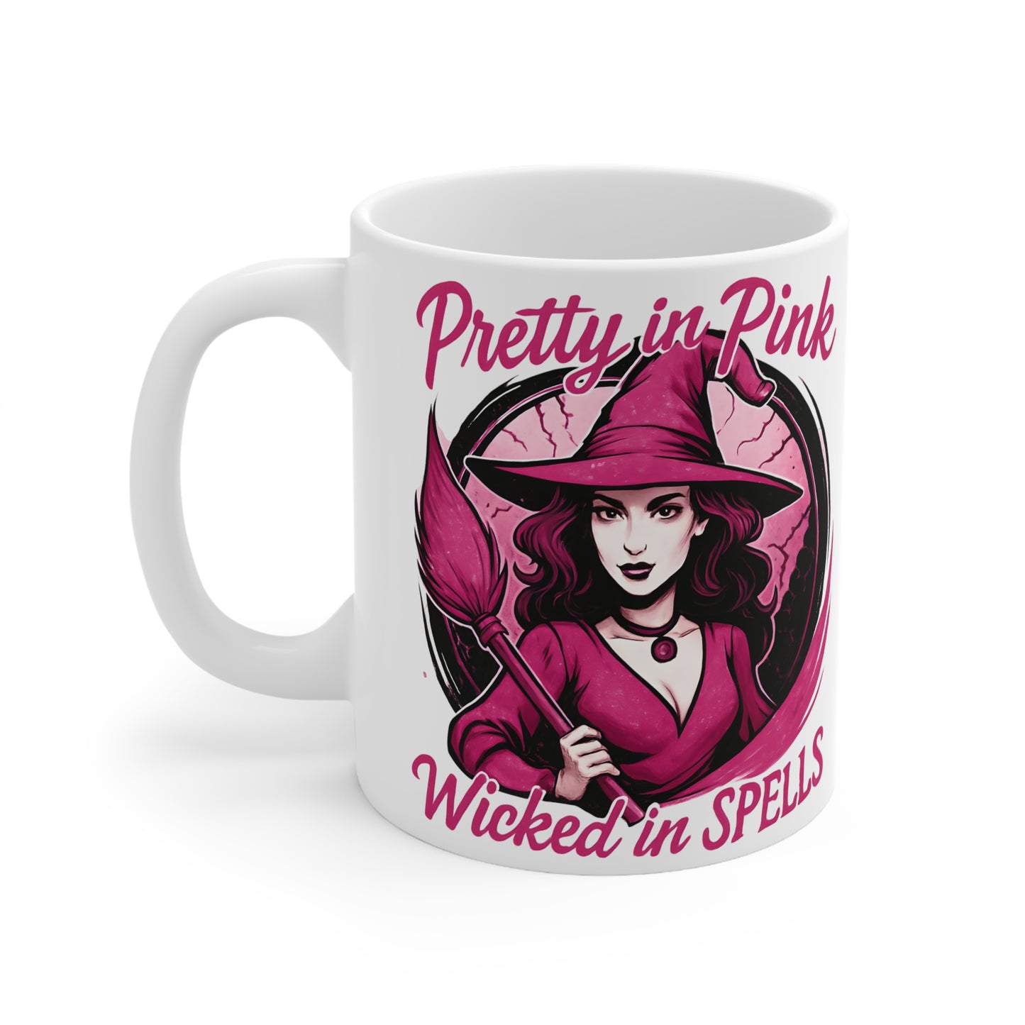 Pretty in Pink Witch Mug, Wicked Spells Coffee Mug, This pink witch mug is perfect for those who relish in the whimsical world of magic and brew.