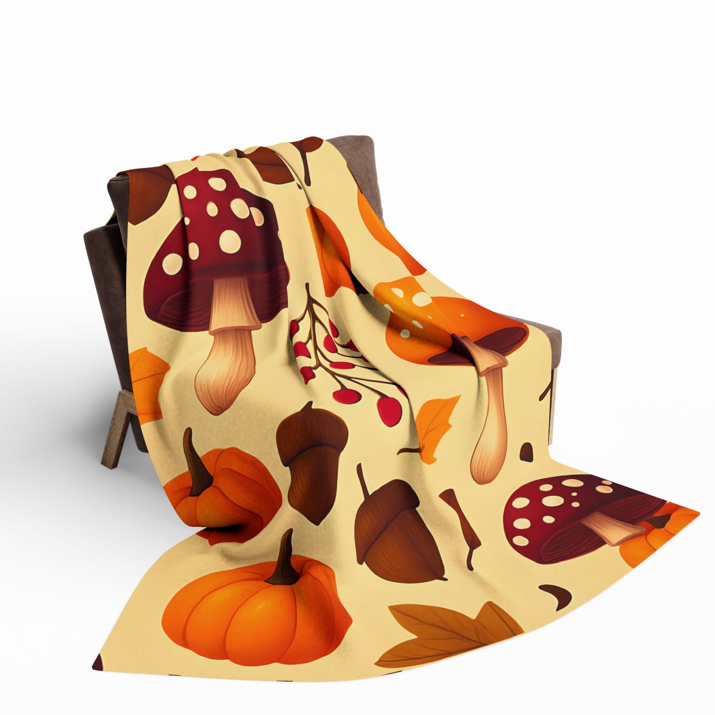 Cozy Autumn Pumpkin Blanket, This plush, cozy fleece blanket captures the essence of the season with its vibrant pumpkin and shroom motifs.