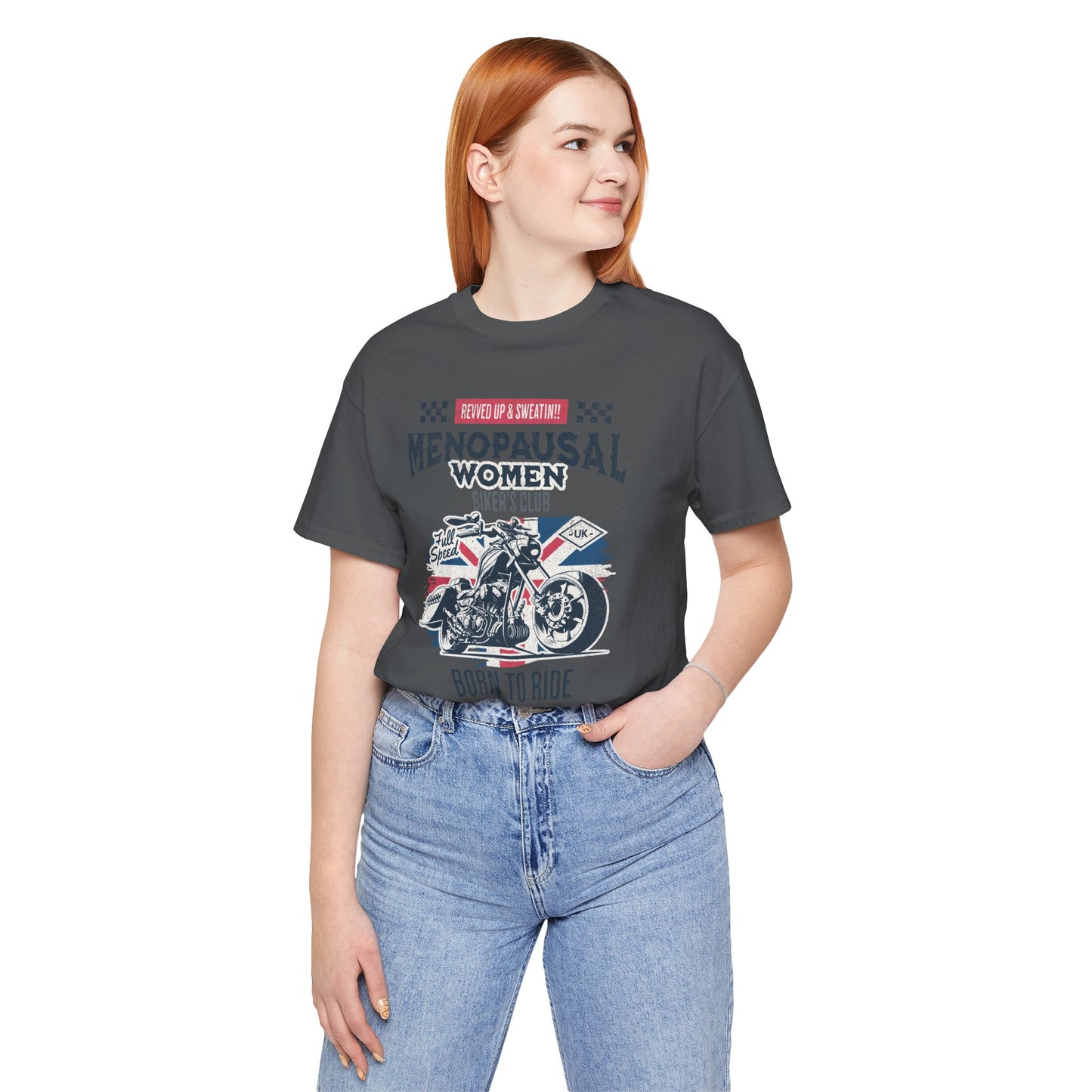 Menopausal Women's Biker Club T-Shirt, Menopause Humor Shirt, Female Biker Tee, Motorcycle Mom Gift, Moto Mama Shirt, Union Jack, Biker Babe