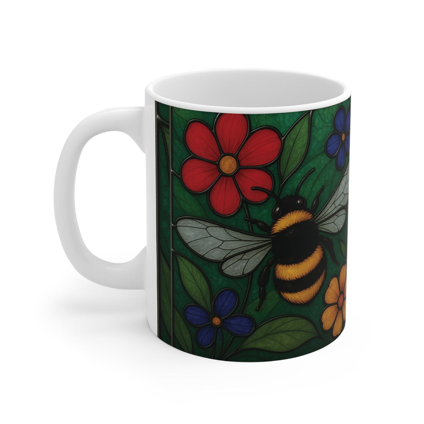 Bumblebee Mug Stained Glass Effect, Perfect for any bee lover, this bee coffee mug captures the delicate beauty of a bustling garden scene, making it an ideal bee lover gift or beekeeper gift.