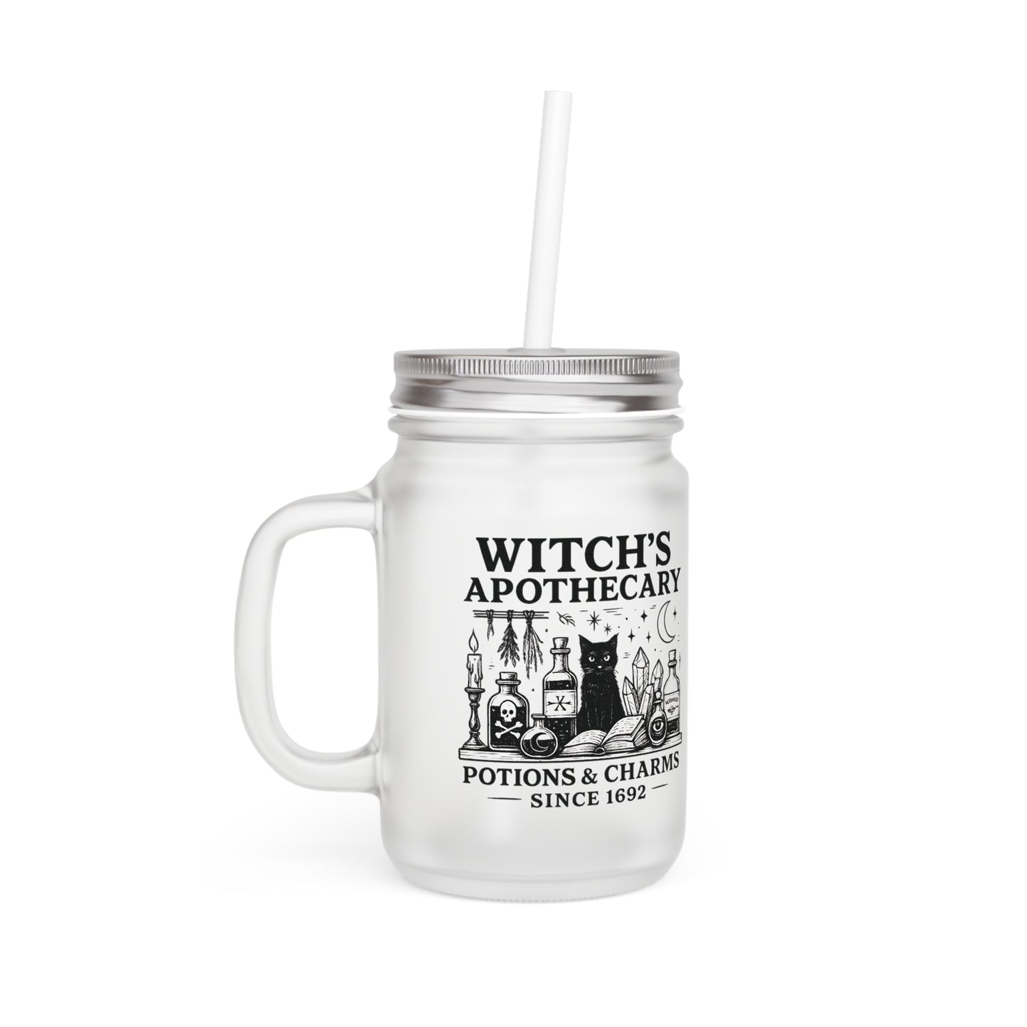 Frosted Glass Mason Jar, Witch Apothecary Design, Mason Jar with Straw, Eco Friendly Witchy Cup, Witchy Gifts for Her,Witchcore Cup