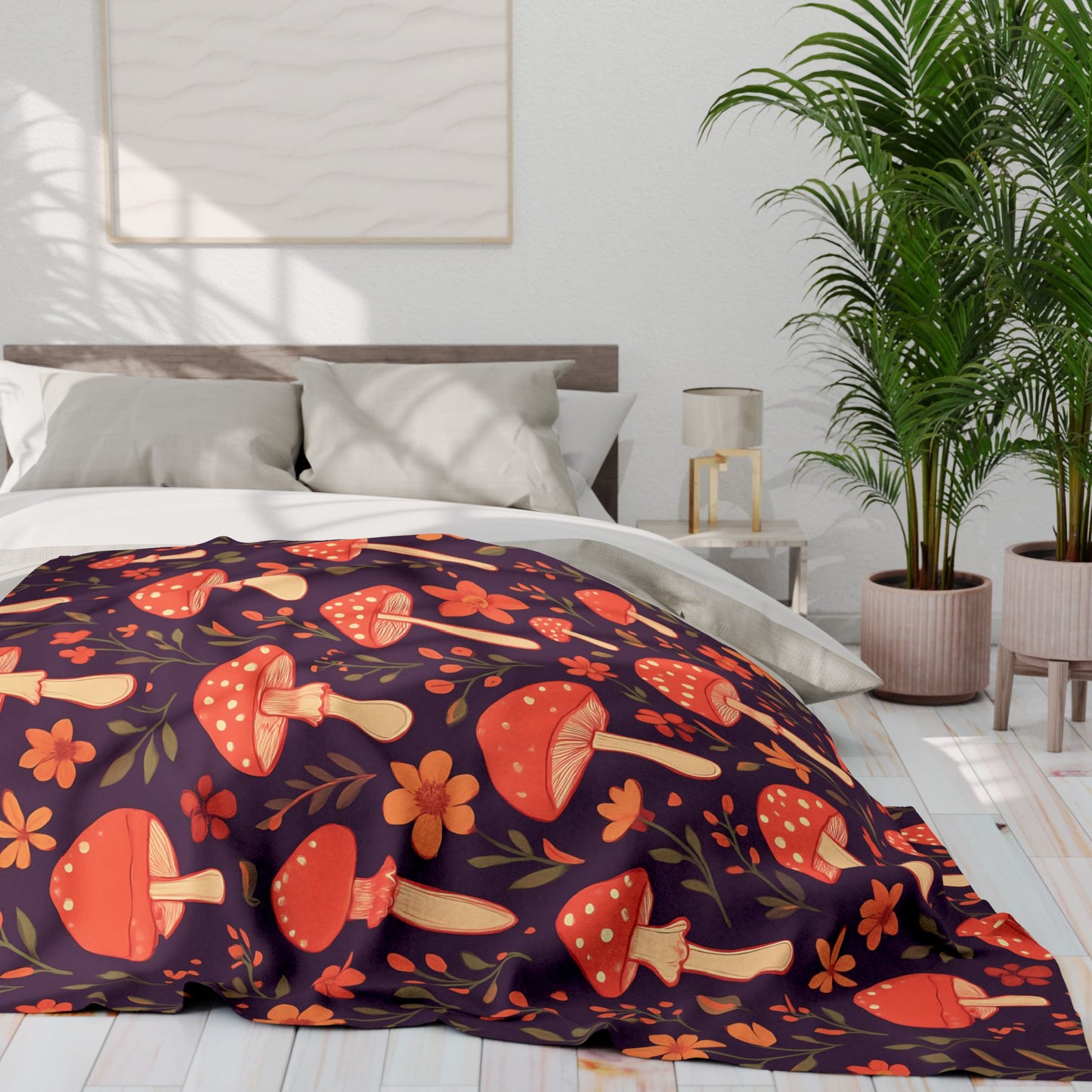 Cozy Mushroom Blanket, The enchanting mushroom pattern, set against a rich plum throw, turns any sofa into an autumnal paradise.
