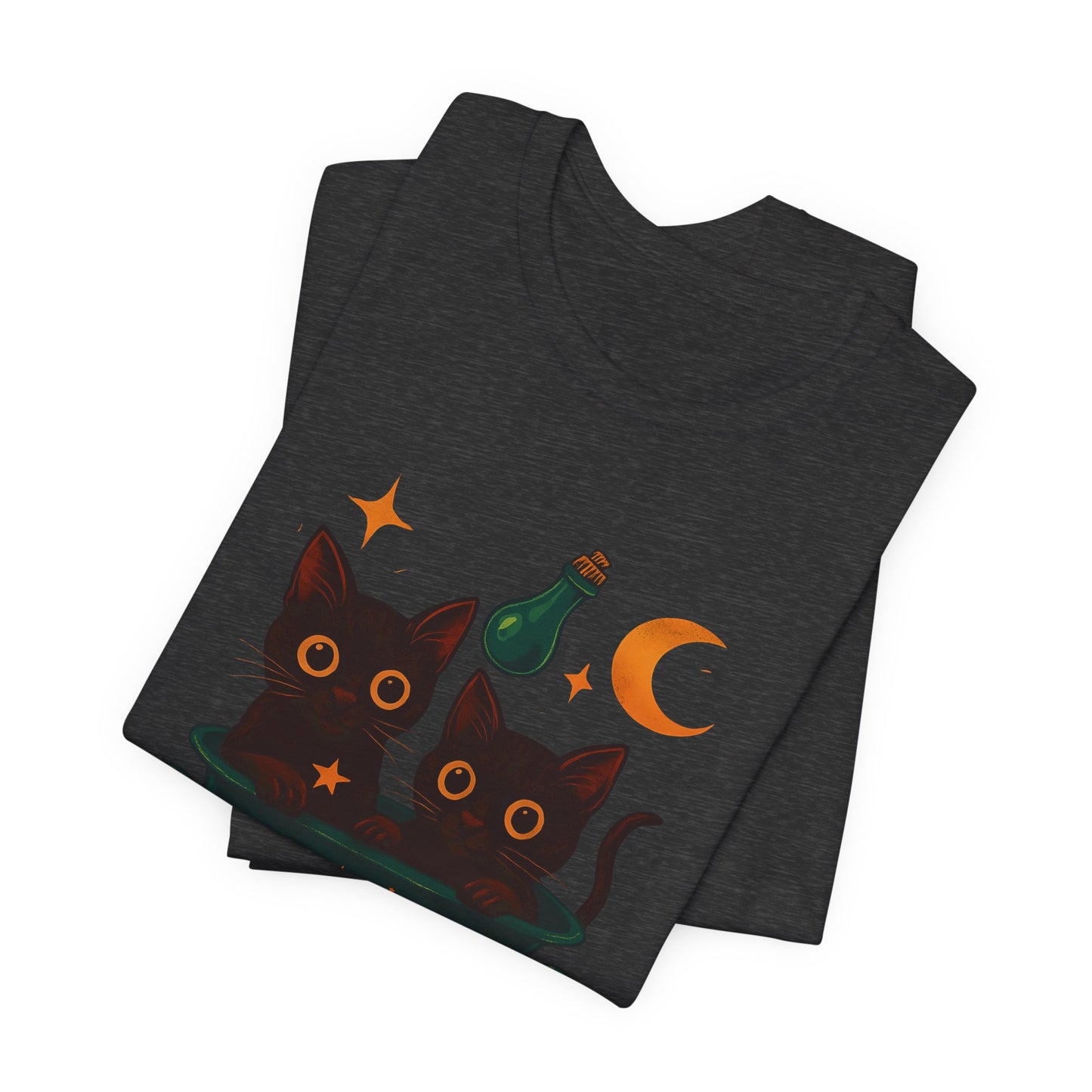 Brew Up Some Trouble Cat Witchy T-shirt, The seamless blend of mystical charm and humor makes this shirt a must-have for any lover of cute Halloween cat apparel.