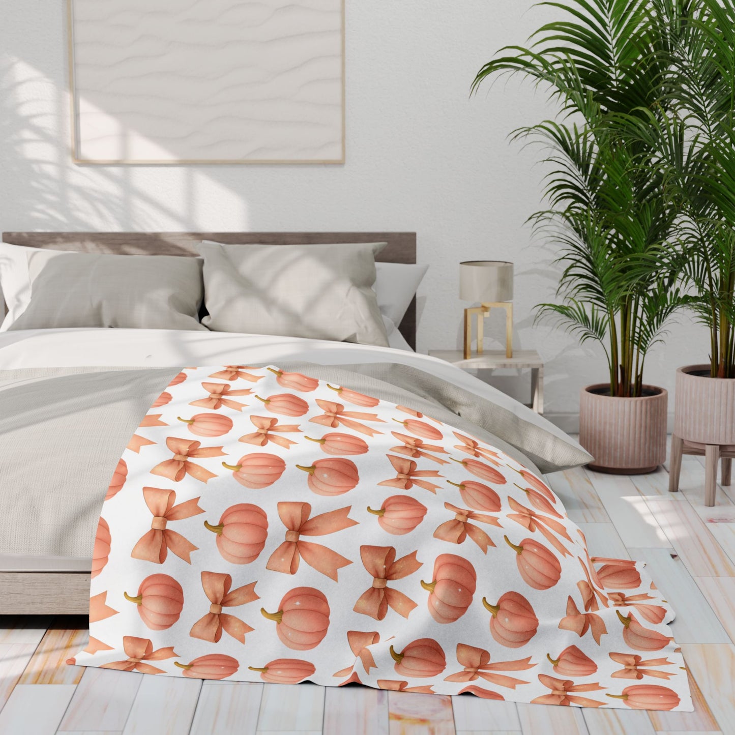 Pink Pumpkins & Pink Bow Artic Fleece Blanket, Perfect for adding a touch of girly Halloween charm, this autumn blanket effortlessly combines the playful allure of pink pumpkin decor.