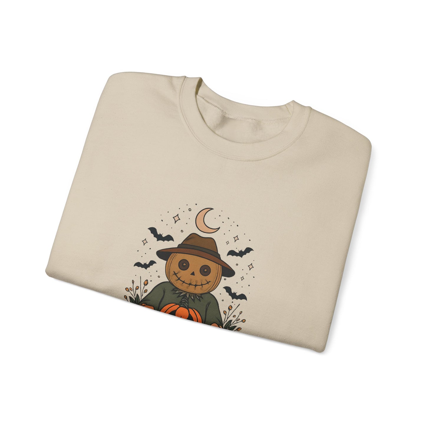 Cozy Halloween Sweatshirt with Scarecrow Design, The playful design featuring a whimsical scarecrow and autumnal elements creates a cheerful vibe, perfect for adding a festive touch to your wardrobe.