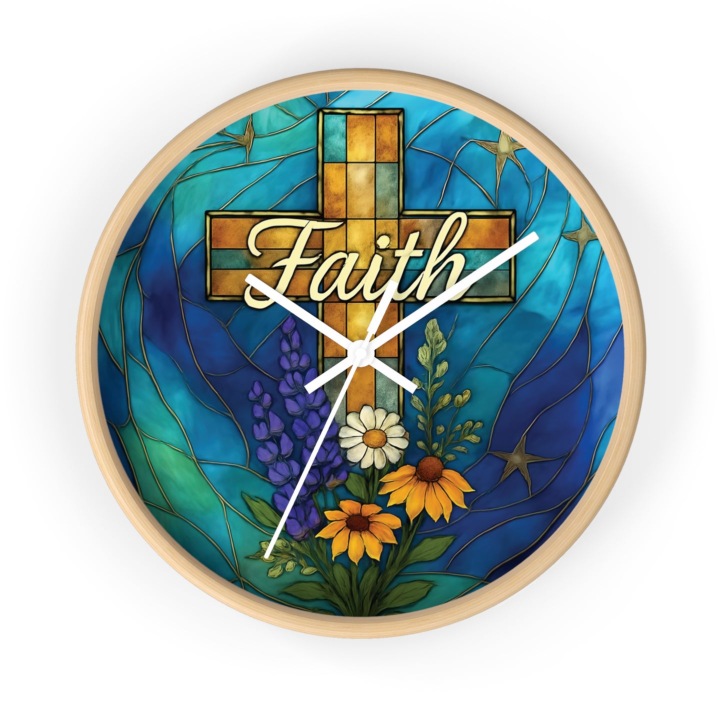 Christianity Faith Cross Stained Glass Effect Wall Clock, Perfect as a Christian clock or as thoughtful Christianity gifts.