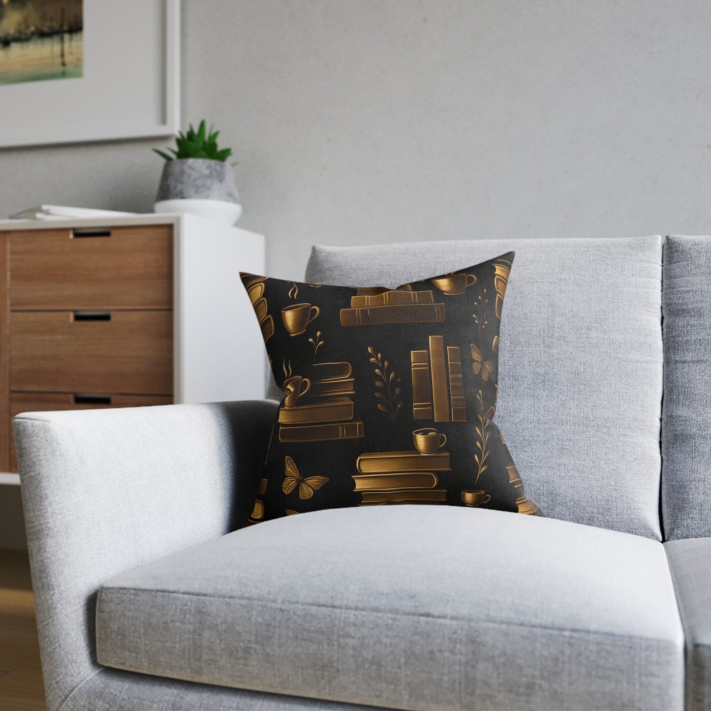 Books and Coffee Cushion, Perfect for cozy corners or grand libraries, this pillow is not just decor—it's a celebration of your passion for books and the comforting ritual of a quiet coffee moment.