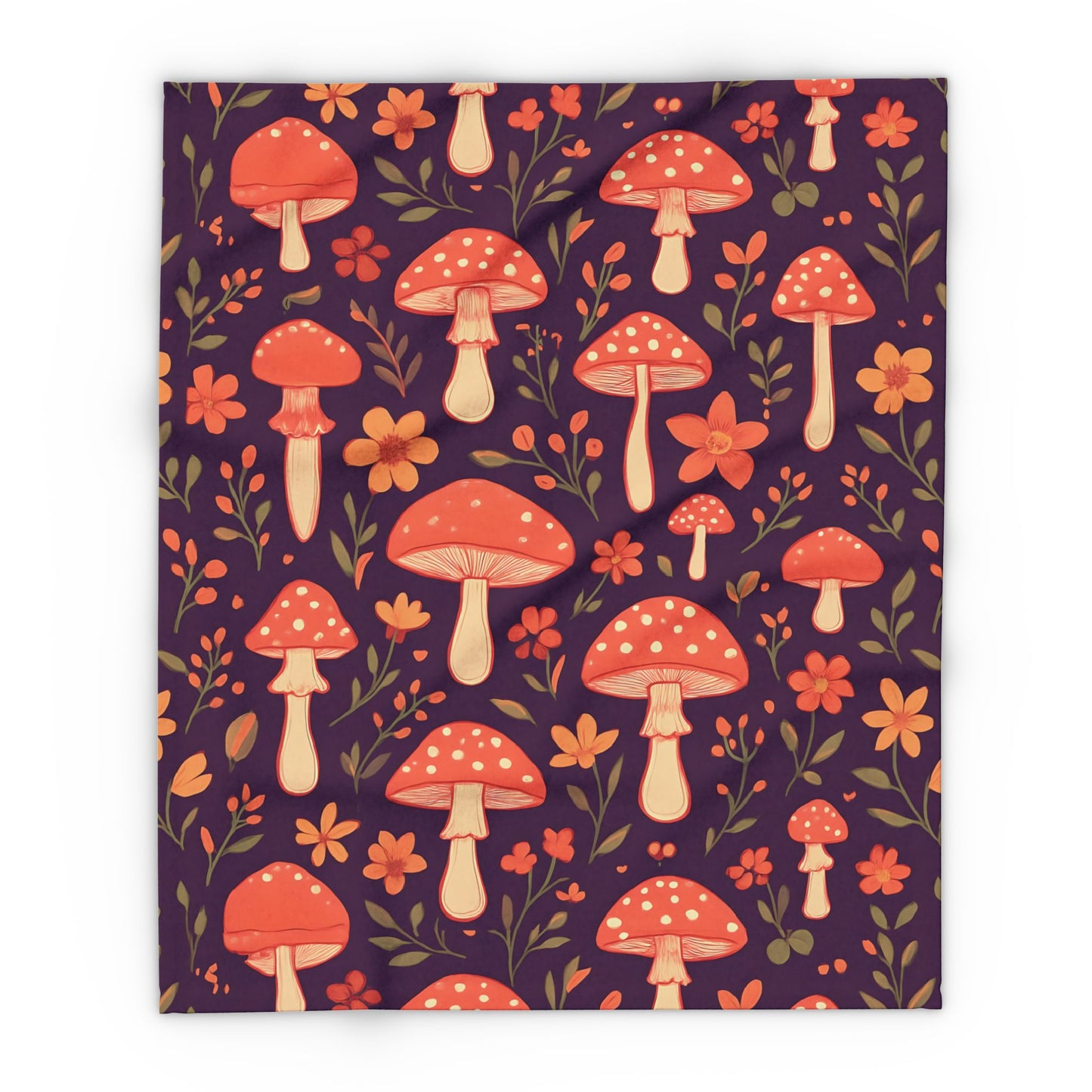 Cozy Mushroom Blanket, The enchanting mushroom pattern, set against a rich plum throw, turns any sofa into an autumnal paradise.