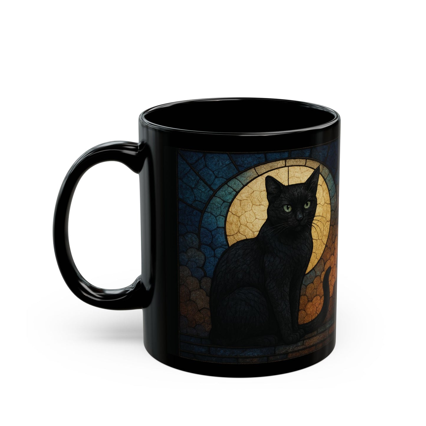 Moon Cat Stained Glass Effect Mug, Embrace the mysterious elegance with every sip, and let this cat stained glass masterpiece become your new favorite moon mug. witchy gift