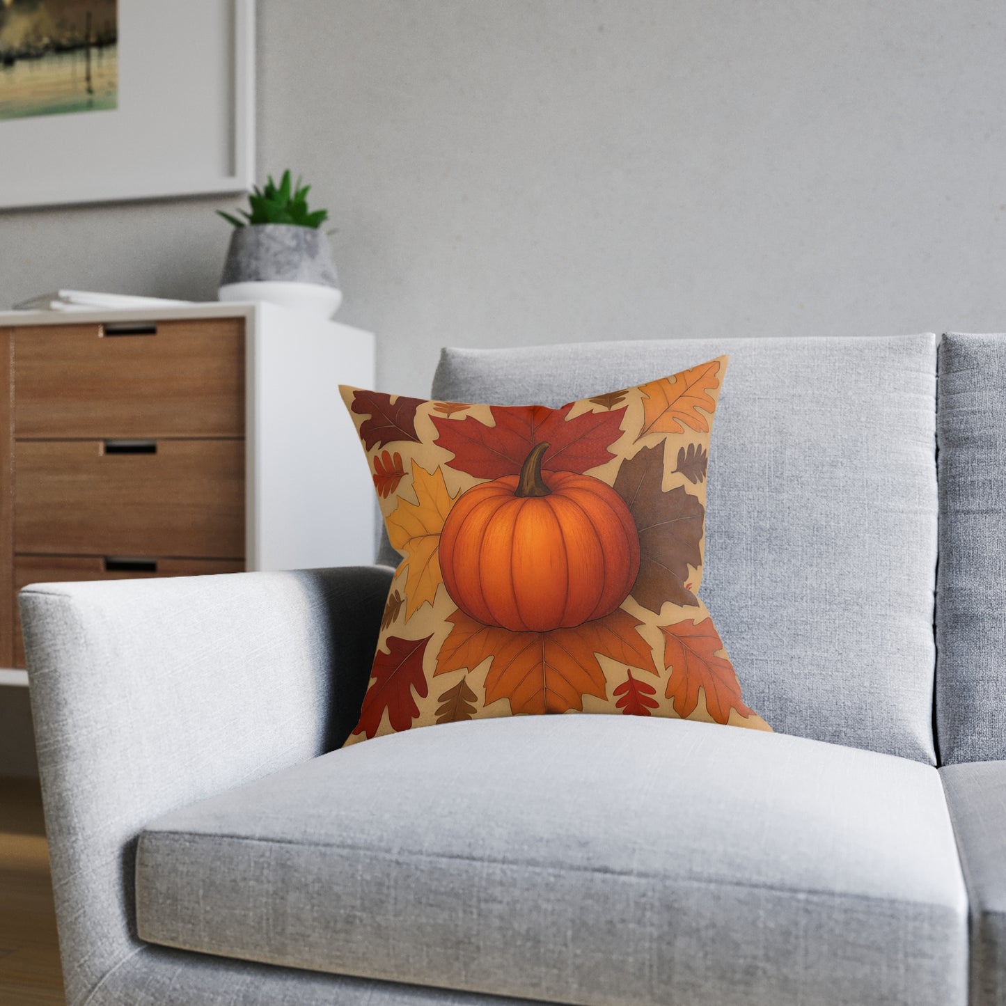 Autumn Leaves and Pumpkin Cushion, This autumn pillow cover captures the essence of "hello autumn" with its vibrant orange tones and delightful pumpkin design.