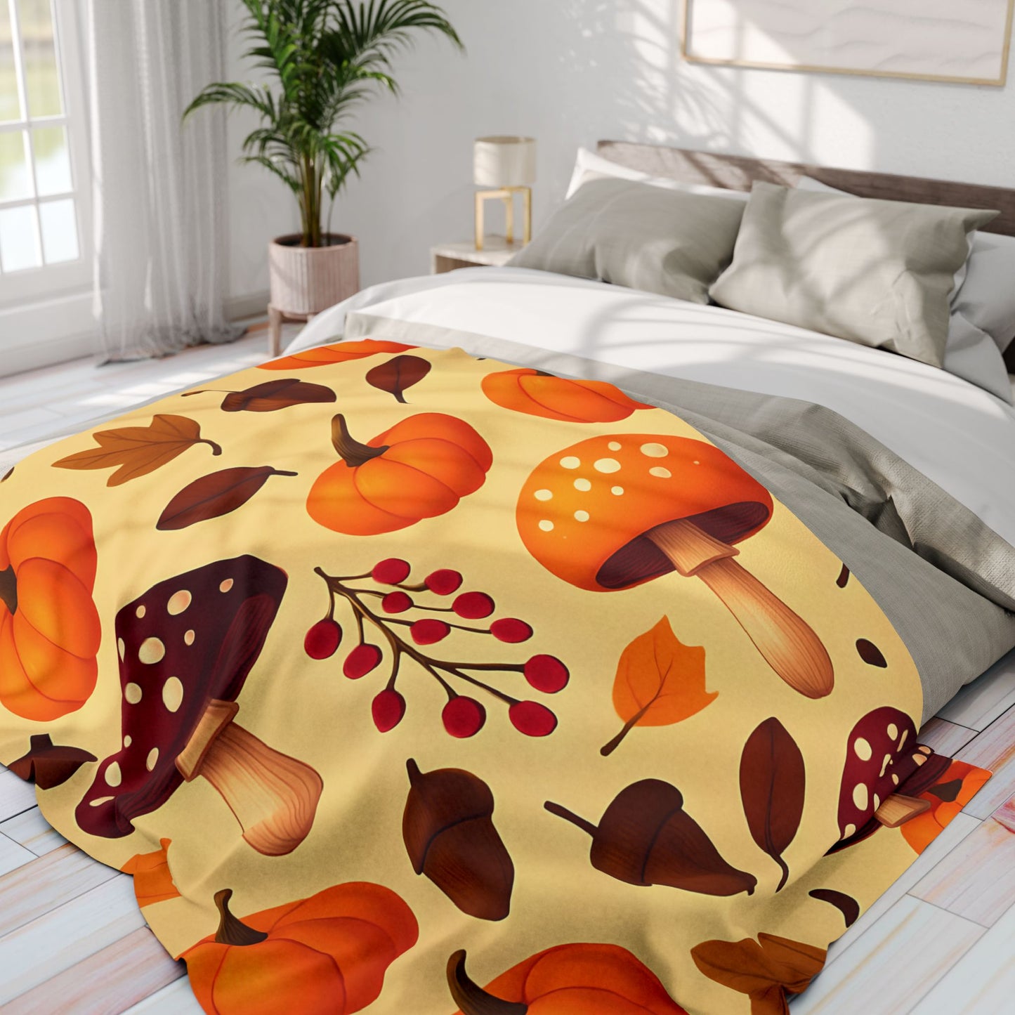 Cozy Autumn Pumpkin Blanket, This plush, cozy fleece blanket captures the essence of the season with its vibrant pumpkin and shroom motifs.