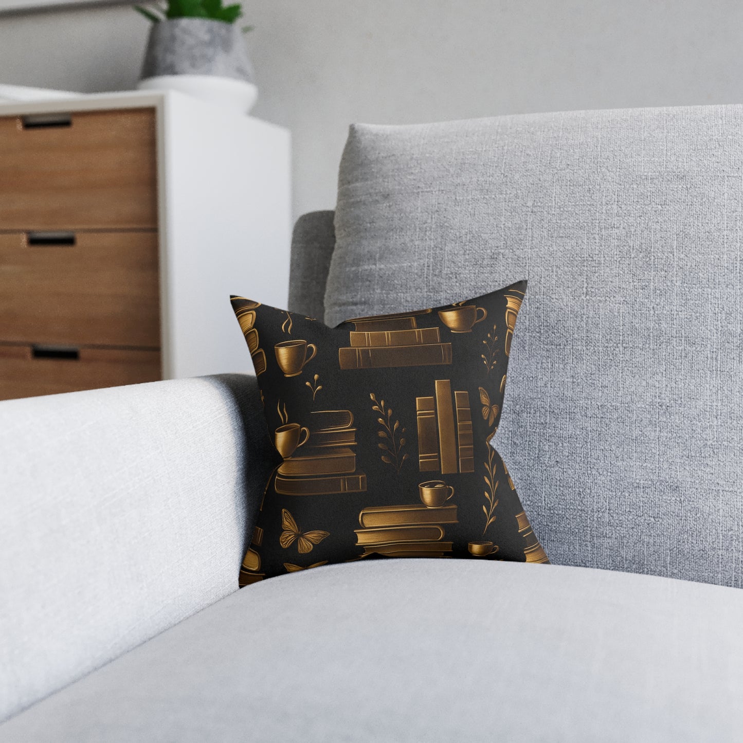 Books and Coffee Cushion, Perfect for cozy corners or grand libraries, this pillow is not just decor—it's a celebration of your passion for books and the comforting ritual of a quiet coffee moment.