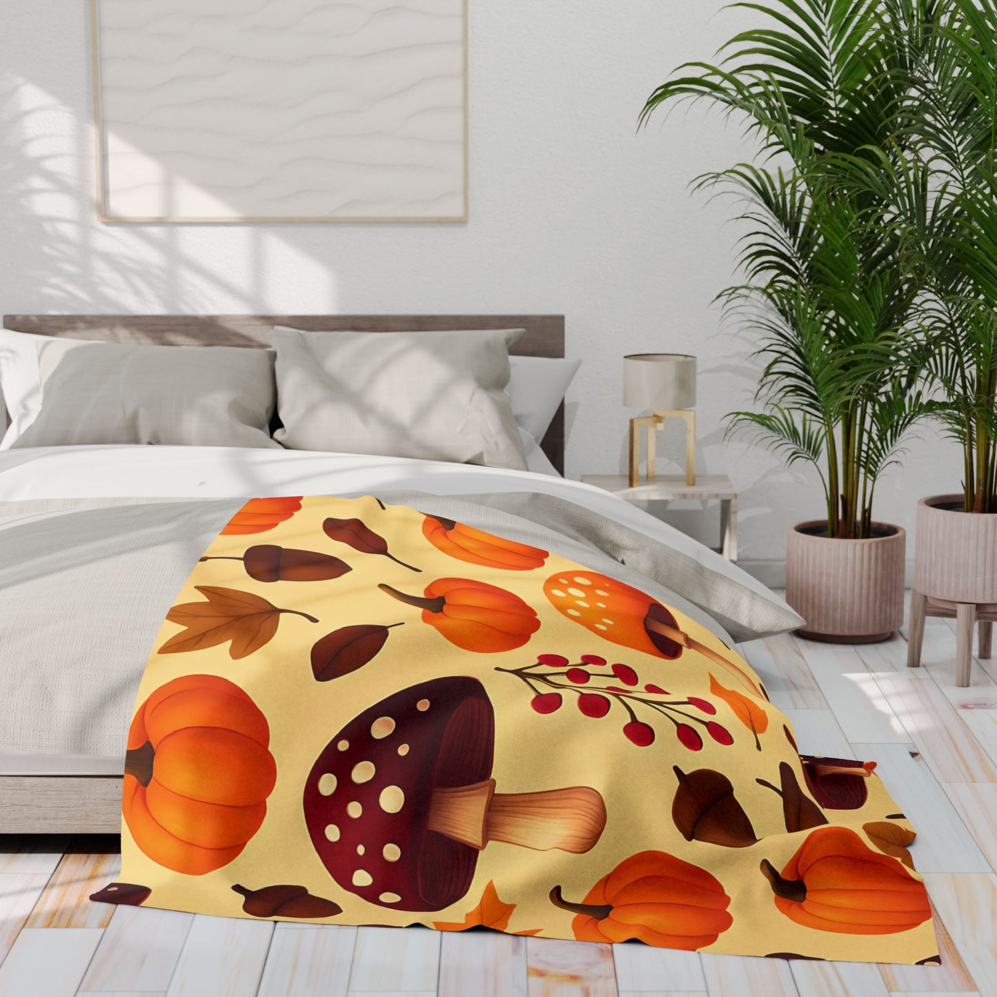 Cozy Autumn Pumpkin Blanket, This plush, cozy fleece blanket captures the essence of the season with its vibrant pumpkin and shroom motifs.