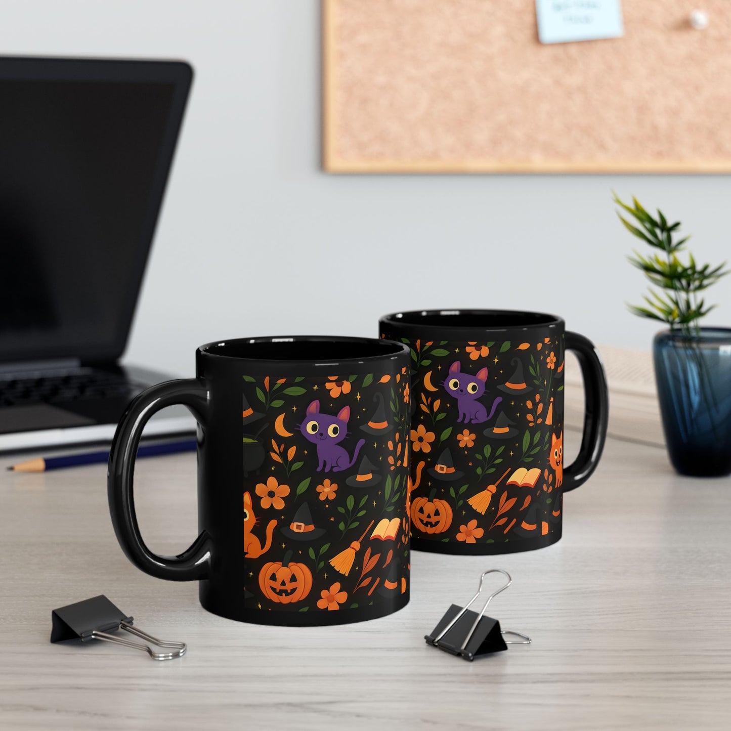 Colourful cat Halloween mug,featuring a cheeky cat with all things Halloween, making it the perfect spooky mug for both hot chocolates and enchanting brews. 