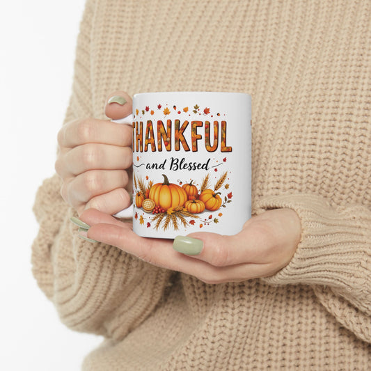 Thankful Fall Ceramic Mug, Cozy Autumn Coffee Cup, Perfect Gift for Thanksgiving, Blessed Mug for Hot Drinks, Seasonal Home Decor